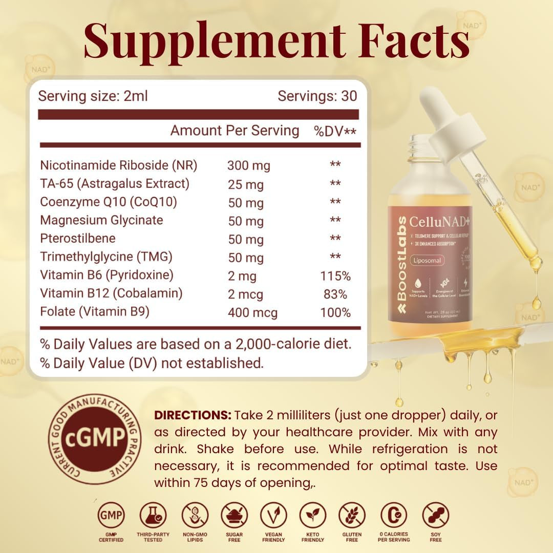 Liposomal NAD+ Supplement Liquid Drops - High Potency NMN Alternative for Cellular Energy, Healthy Aging & Brain Fog - Fast-Absorbing NAD Liquid Formula (2Oz)