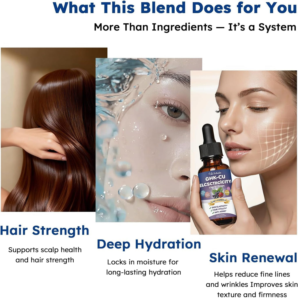 GHK-CU Peptide Supplement Liquid Drops, Premium 6-In-1 GHK CU Copper Peptides W. Marine Collagen Hyaluronic Acid Biotin for Anti-Aging, Skin Hair Growth Support, Oral Drops丨Women Men