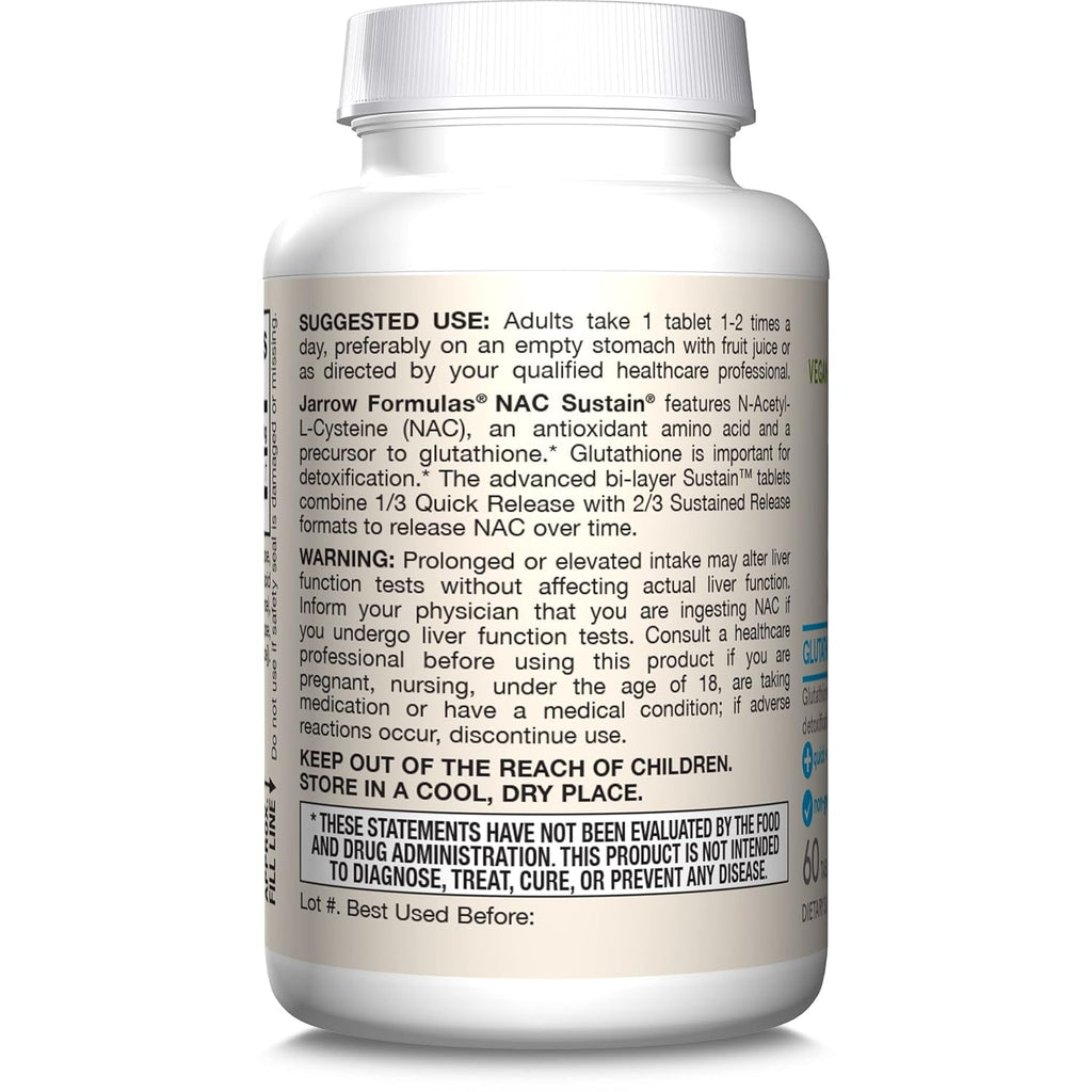 Jarrow Formulas N-A-C Sustain 600 Mg, Dietary Supplement, NAC 600 Mg, an Antioxidant Amino Acid Support for Liver Health, 60 Tablets, 60 Day Supply