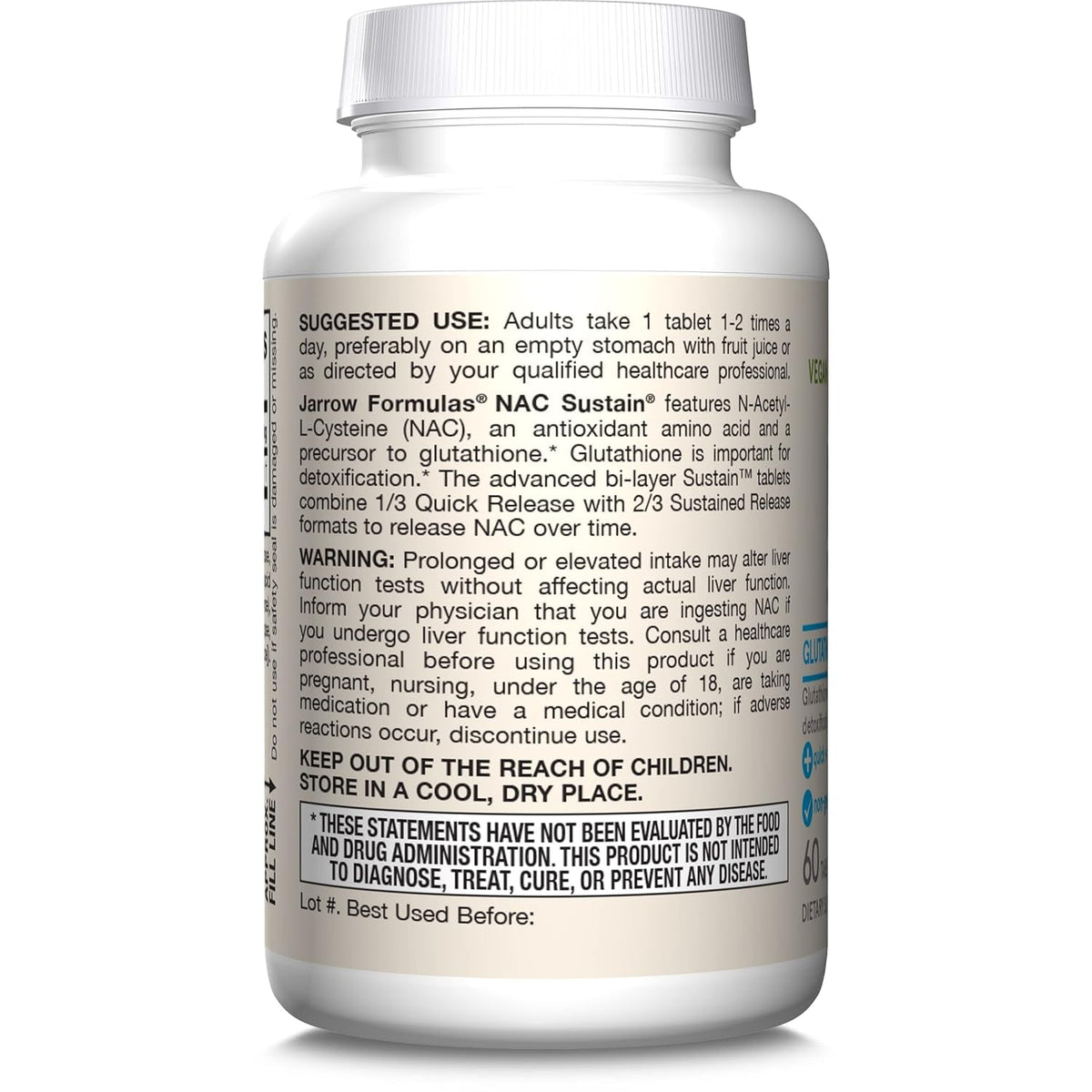 Jarrow Formulas N-A-C Sustain 600 Mg, Dietary Supplement, NAC 600 Mg, an Antioxidant Amino Acid Support for Liver Health, 60 Tablets, 60 Day Supply