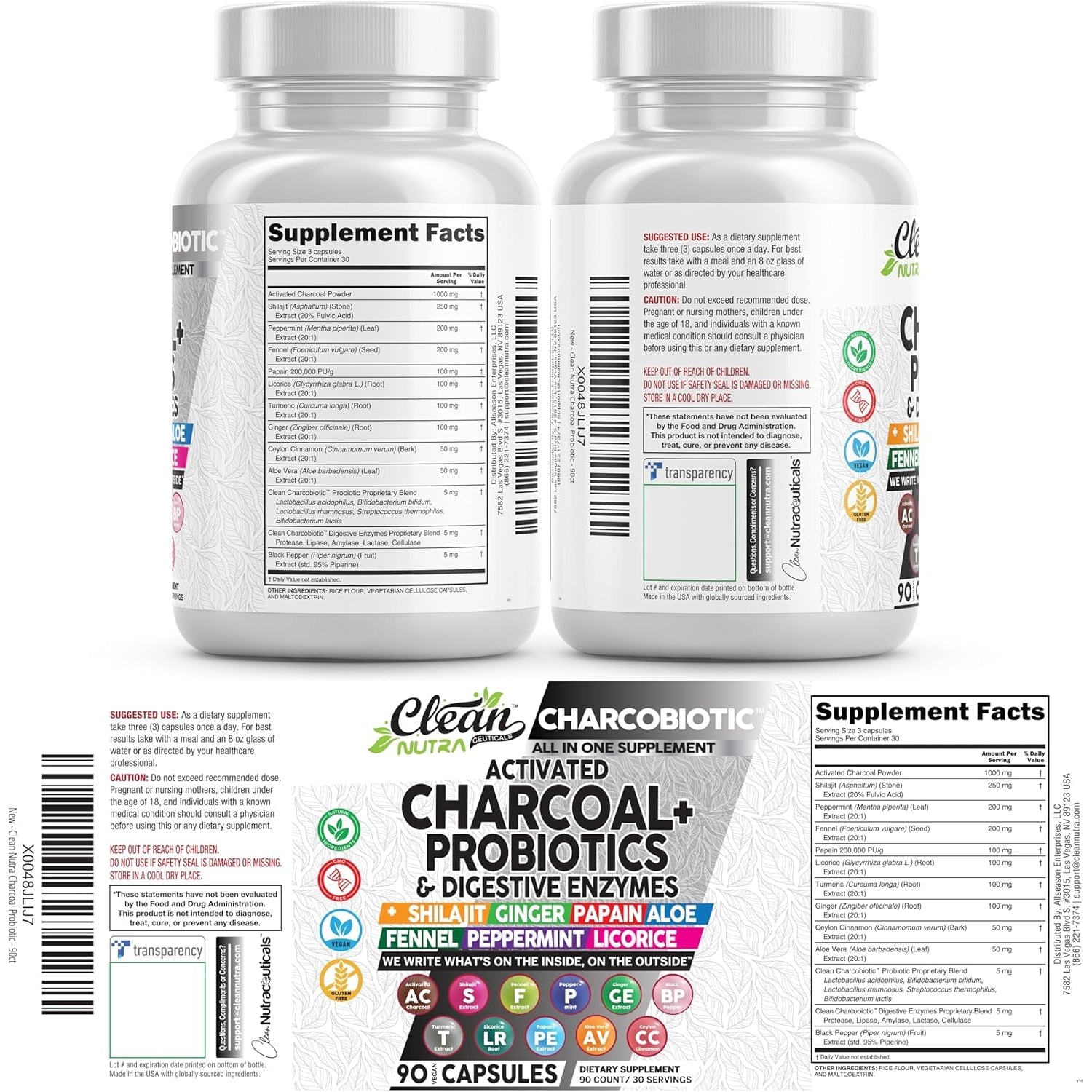 Activated Charcoal Pills for Gas Relief and Debloat, Charcobiotic with Probiotics Digestive Enzymes Shilajit Peppermint Fennel Ginger Turmeric Licorice Root Aloe Vera Ceylon Cinnamon, Clean Nutra 90Ct