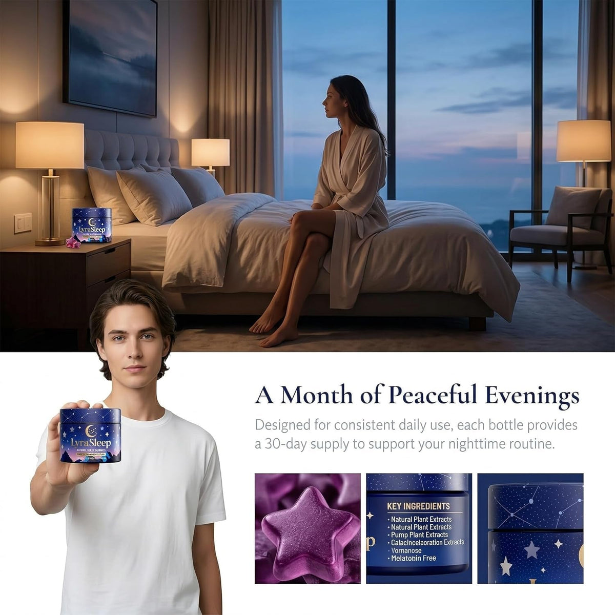 Lyrasleep Gummies - Nighttime Relaxation & Sleep Support Supplement with L-Theanine & Botanical Blend, Calm & Restful Sleep Formula, Berry Flavor - 60 Gummies