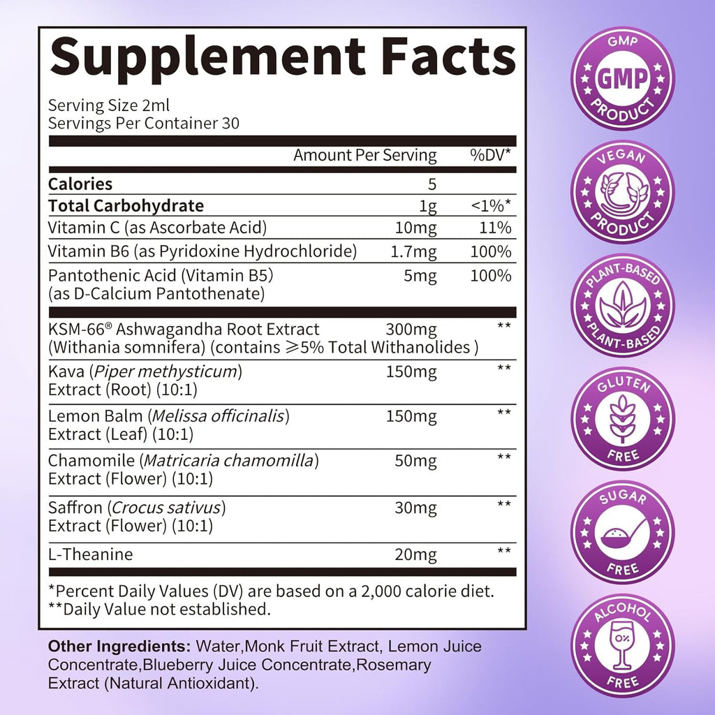 Cortisol Supplements for Women, Cortisol Reducer Manager Detox with KSM-66® Ashwagandha, Kava, Lemon Balm & Vitamin C B5 B6, Lower Cortisol, Hormone Harmony Liquid Drops, 2 FL.OZ, Blueberry Flavor