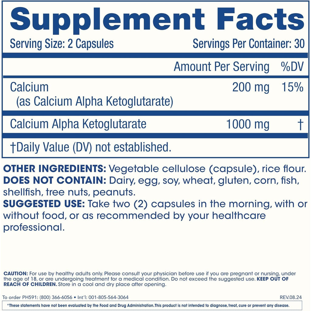 Prohealth, Ca AKG Supplement (Alpha Ketoglutarate) (1,000 Mg per 2 Capsule Serving, 60 Capsules). Supports Metabolic Function and Healthy Aging Processes.