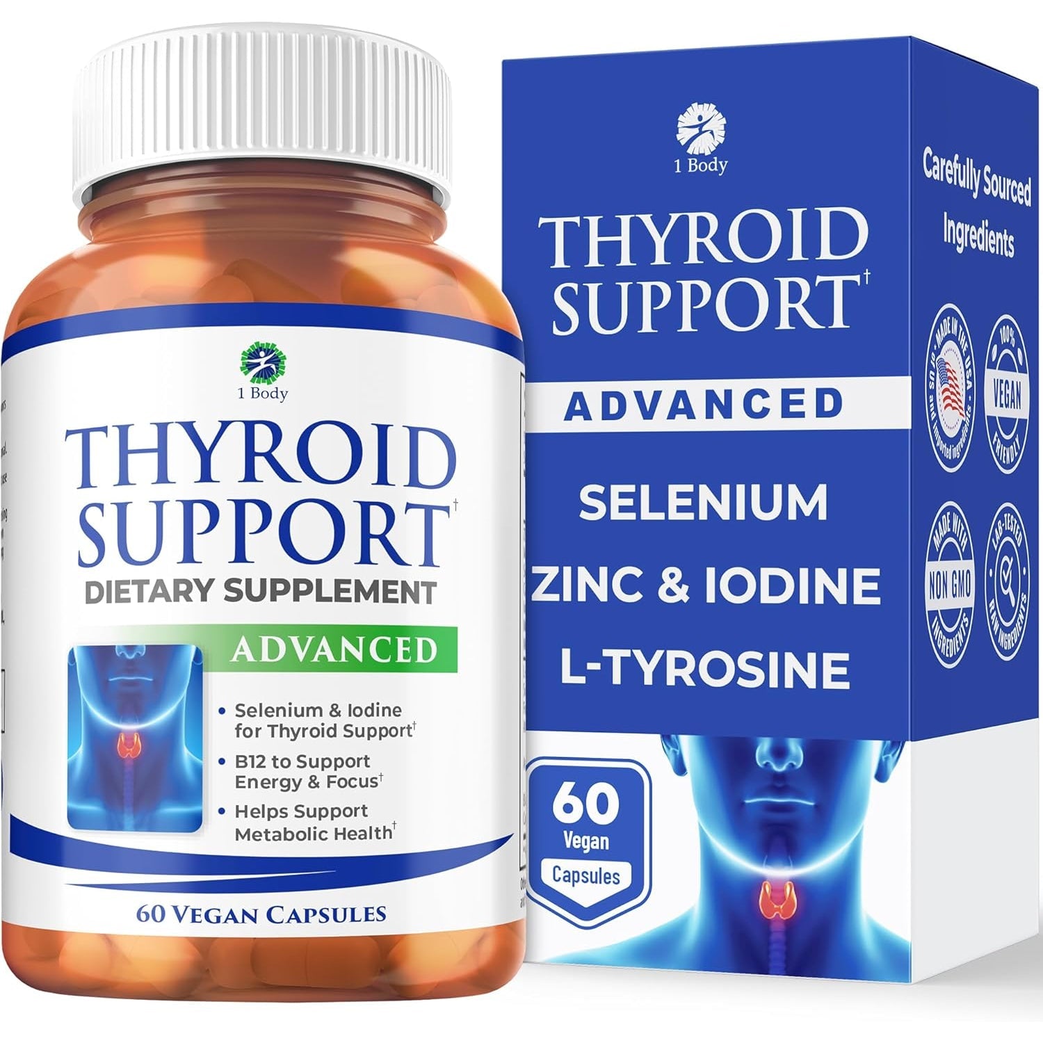1 Body Thyroid Support Supplement for Women and Men, Selenium with Iodine, Zinc, B12, Ashwagandha and L-Tyrosine, Supports Hormone Health, Energy and Metabolism, 30 Day Supply