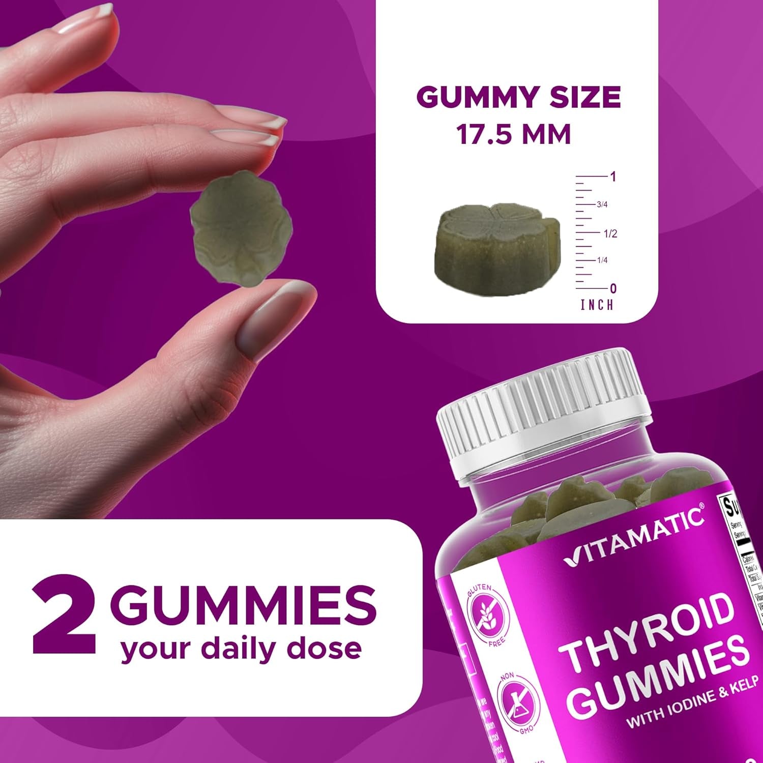 Vitamatic Vegan Thyroid Support Gummies with Iodine & Kelp – 60 Count Improve Your Energy & Increase Metabolism – Plant-Based