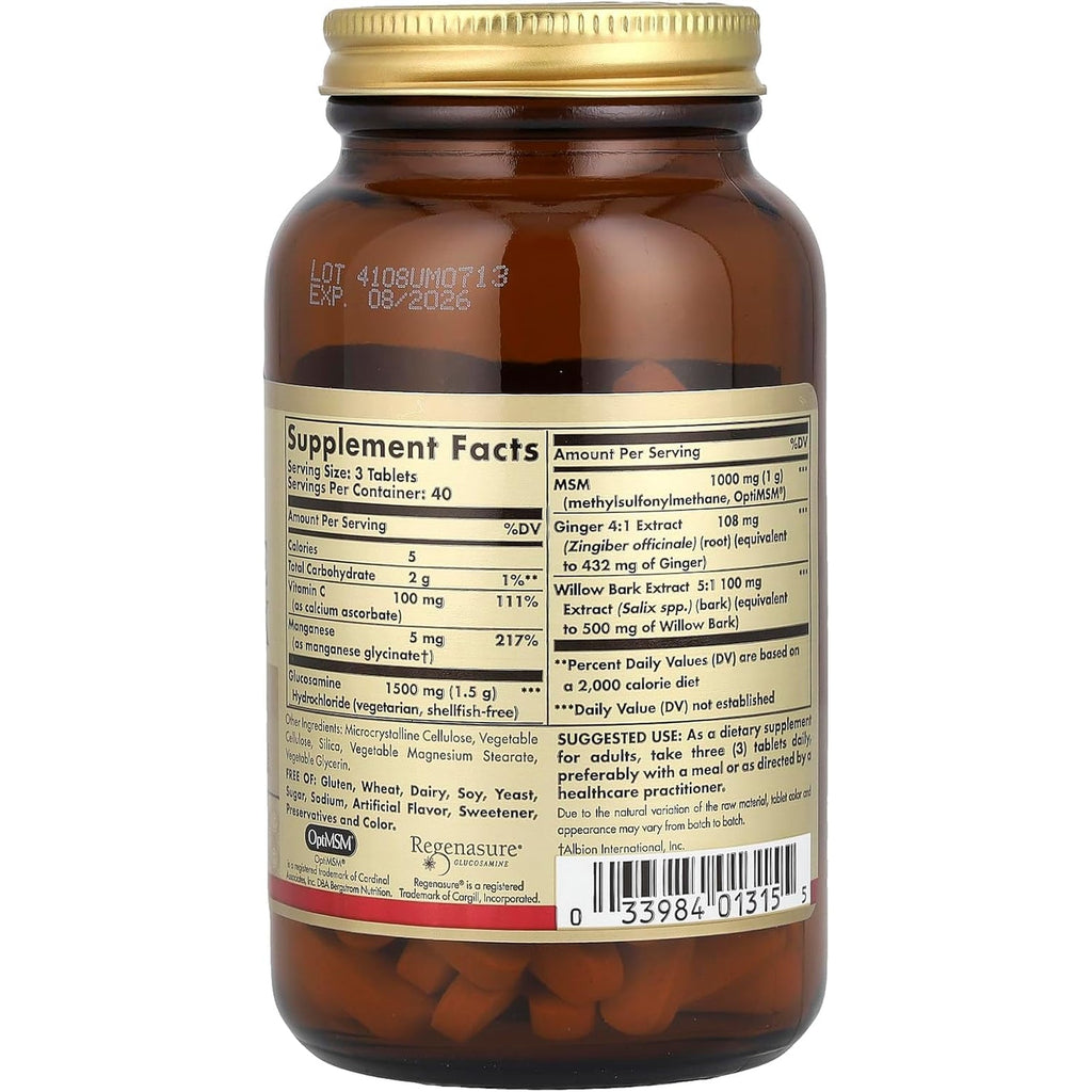 Solgar Glucosamine MSM Complex, 120 Tablets - Promotes Healthy Joints - Supports Range of Motion & Flexibility - Supports Collagen - Shellfish-Free - Gluten Free, Dairy Free, Kosher - 40 Servings