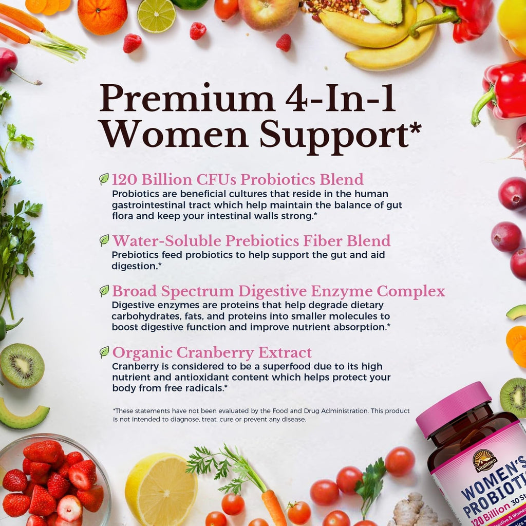 Vitalitown Probiotics for Women 120 Billion Cfus, 30 Strains, with Prebiotics & Digestive Enzymes & Cranberry, Gut & Vaginal Health, Vegan 30 (Pack of 1) Delayed Release Caps