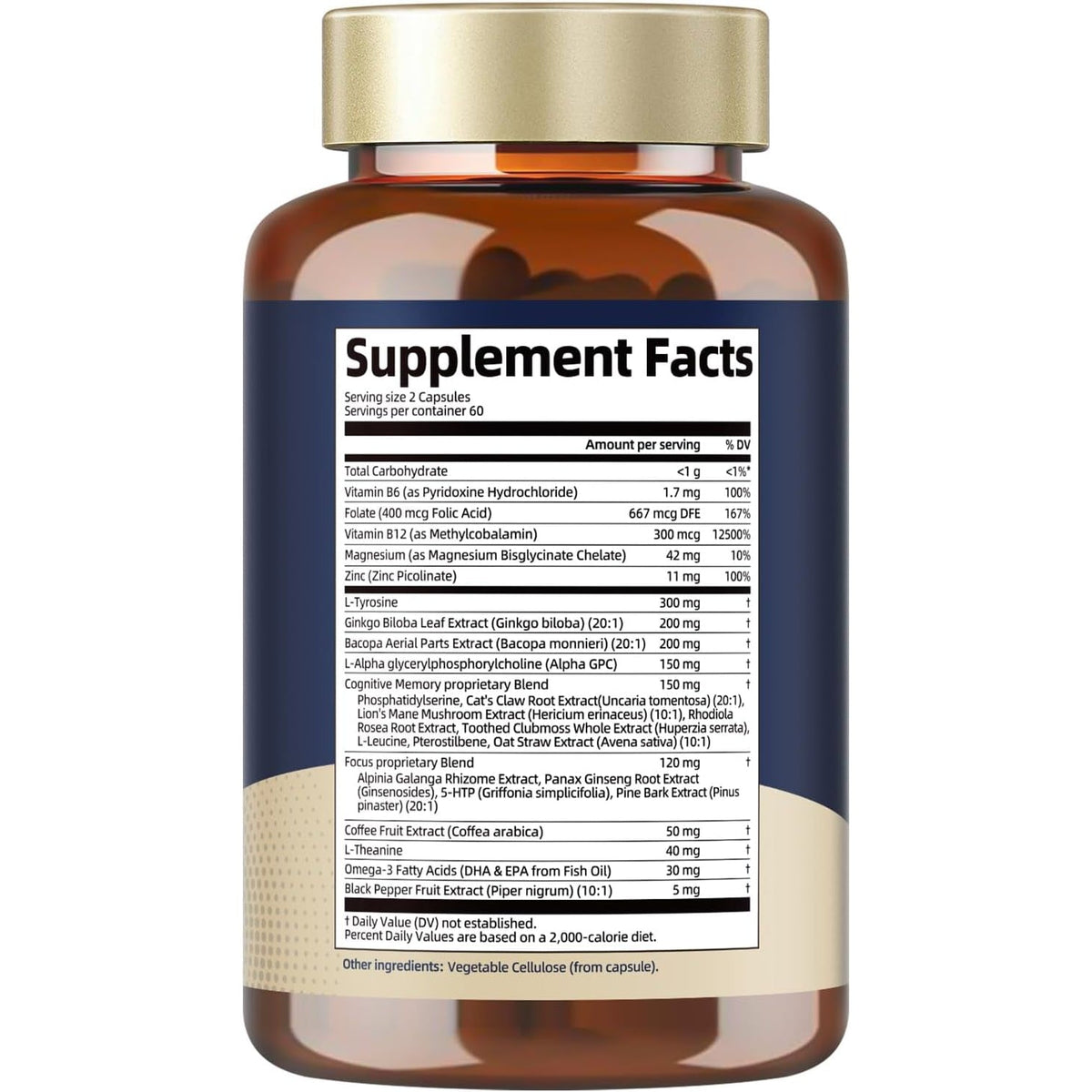 25 in 1 Brain Supplements for Memory and Focus & Neuro Health - Daily Brain Nootropic Cognitive Supplement with L-Tyrosine, Bacopa Monnieri, Ginkgo Biloba, Alpha GPC - Non-Gmo, Gluten Free