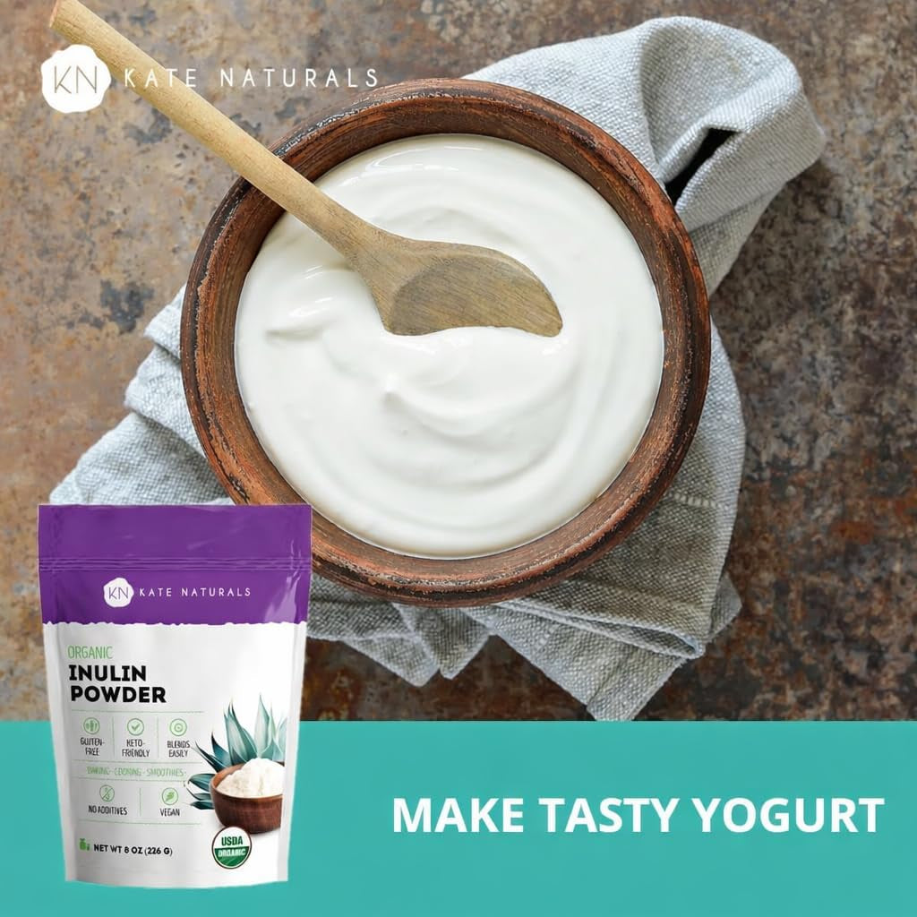 Kate Naturals Inulin Powder Organic from Blue Agave (8Oz) Soluble Prebiotic Fiber for Coffee, Yogurt & Smoothies