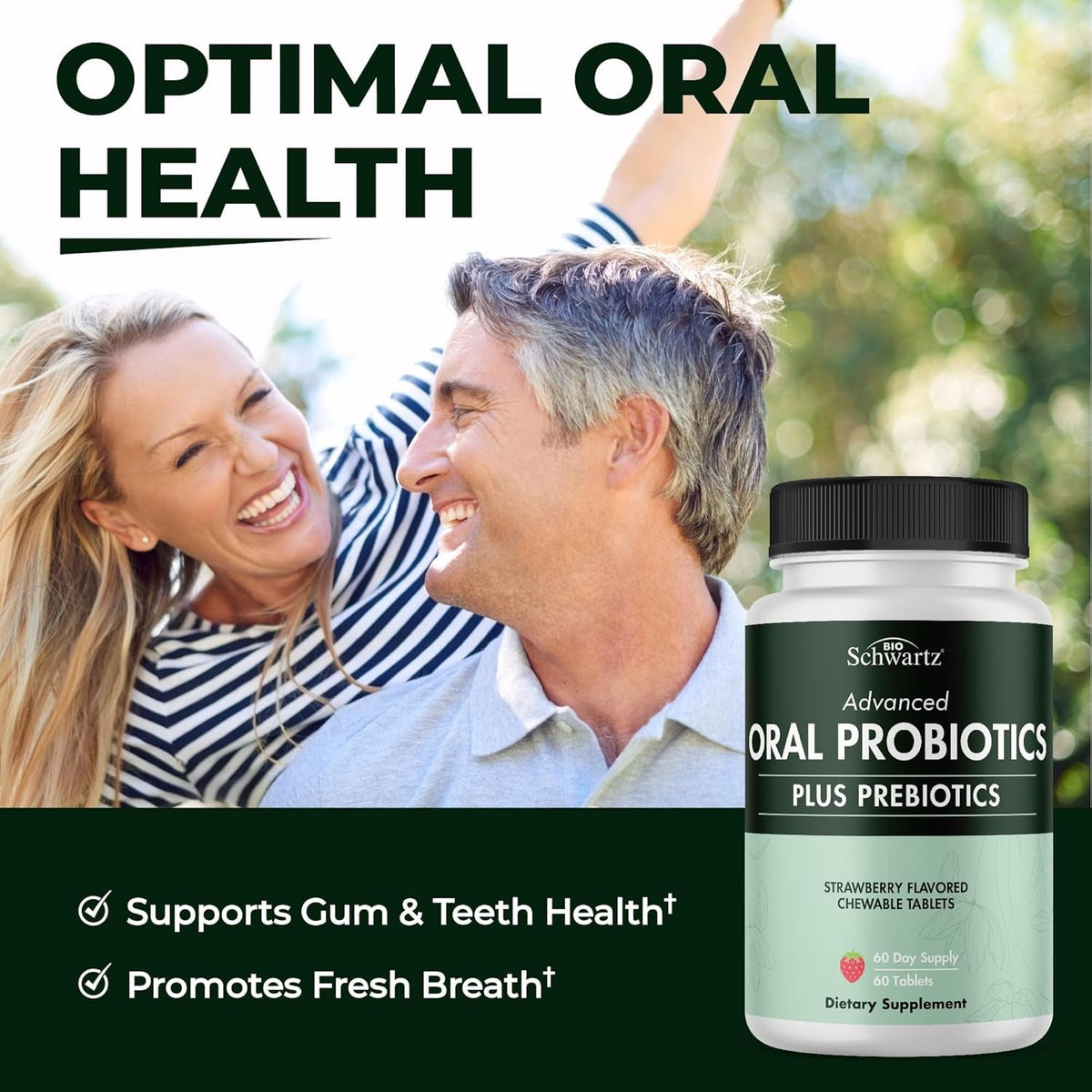 Oral Probiotics Supplement with Prebiotics - Supports Healthy Teeth Gums Mouth and Fresh Odorless Breath for Adults - Strawberry Flavored Chewable Dental Probiotic (60 Tablets, 60 Day Supply)