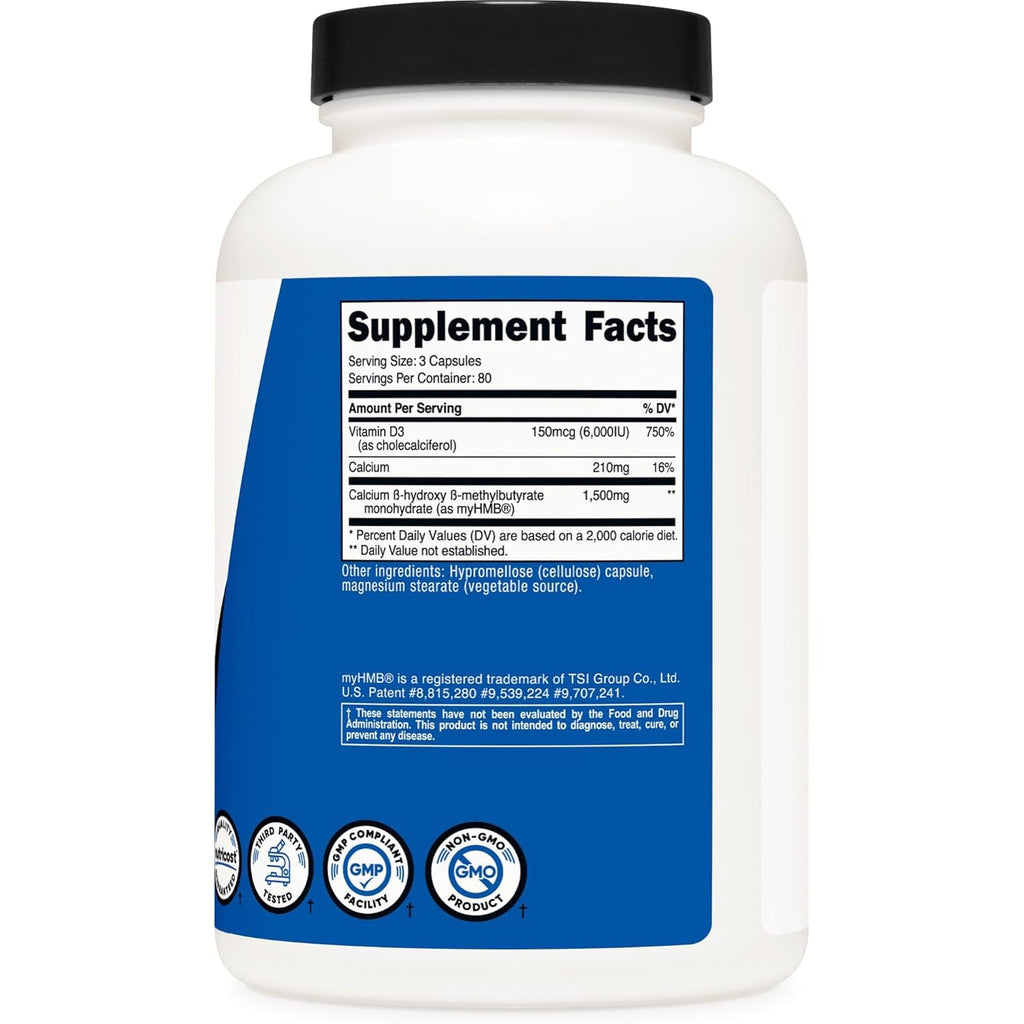 Nutricost HMB (1500Mg) and Vitamin D3 (6000 IU) Supplement - 240 Capsules, 80 Servings - Gluten Free and Non-Gmo
