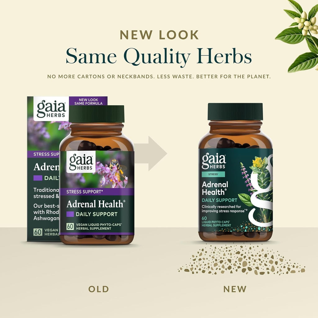 Gaia Herbs Adrenal Health Daily Support - Herbal Supplement with Ashwagandha, Holy Basil & Schisandra - Help Maintain Healthy Energy & Stress Levels* - 60 Vegan Liquid Phyto-Caps (30 Servings)
