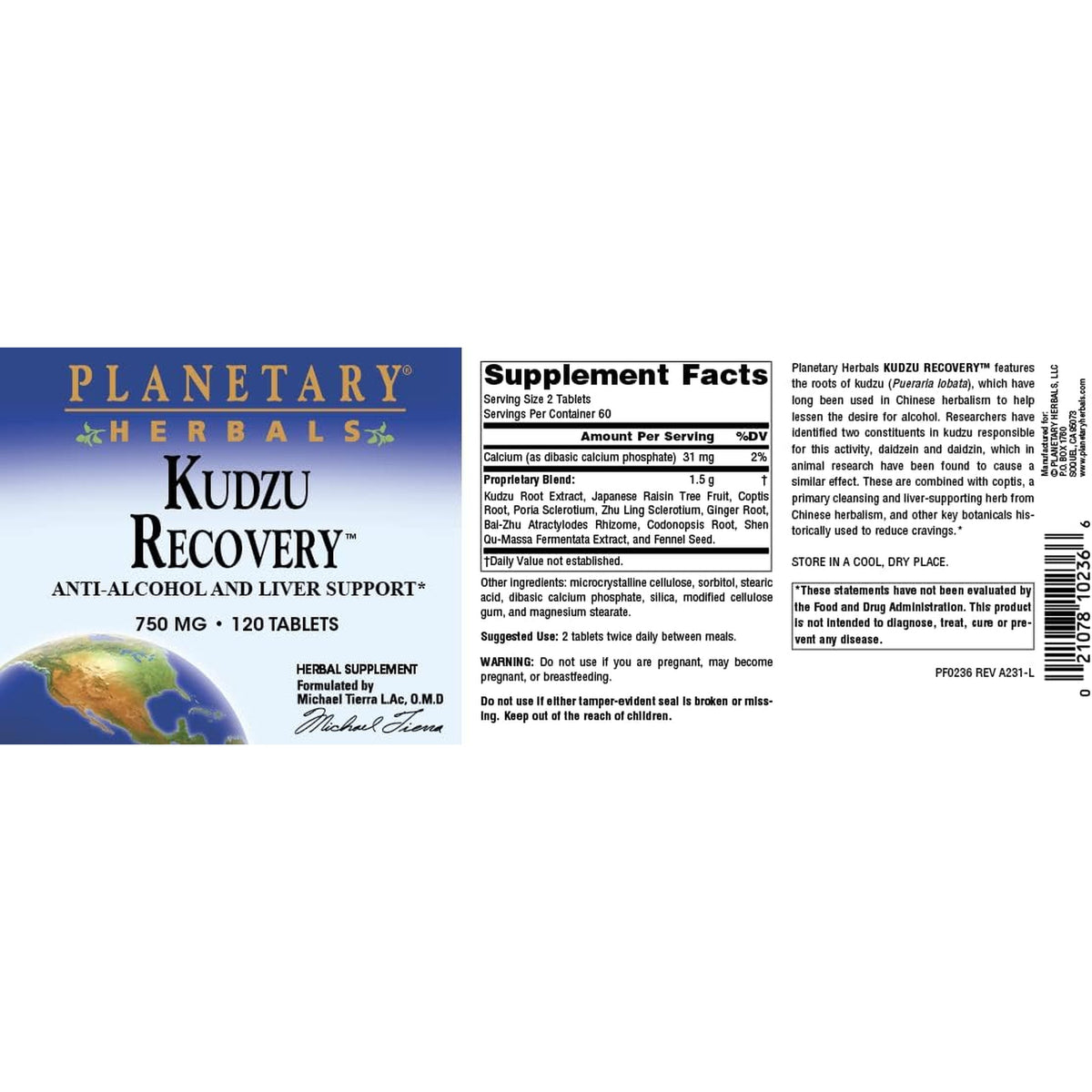 Planetary Herbals Kudzu Recovery 750 Mg Anti-Alcohol and Liver Support - 120 Tablet