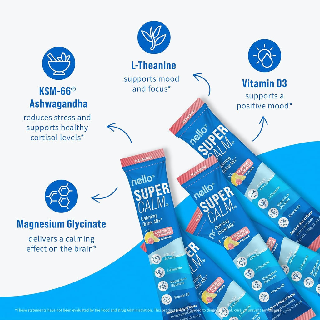 Nello Supercalm Powdered Drink Mix, Cortisol Reducer and Sleep Aid Supplement, L Theanine, Ksm-66 Ashwagandha, Magnesium Glycinate, Vitamin D 3, No Sugar, Non GMO, on the Go, 20 Ct, Raspberry Lemonade