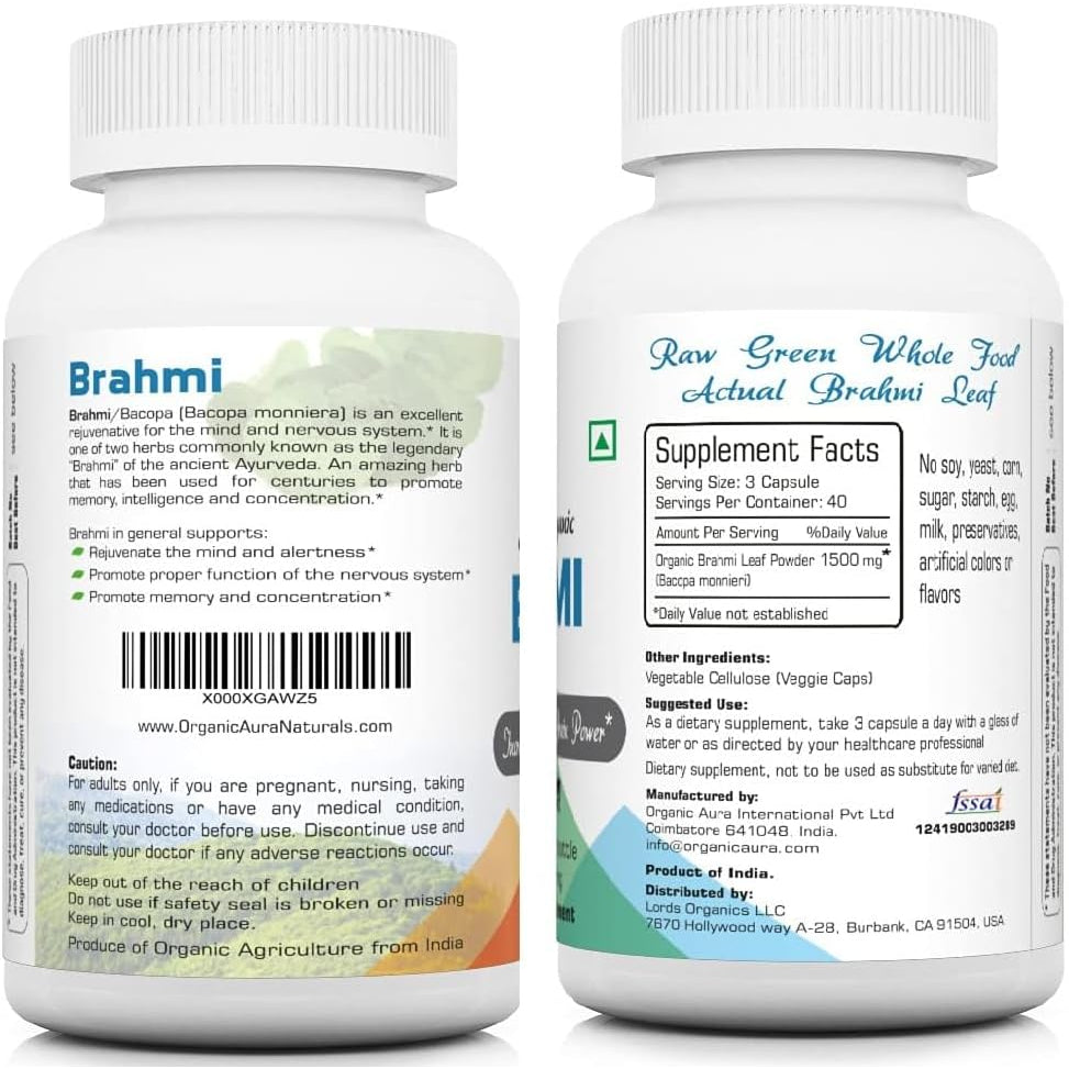 Organic Aura Brahmi Capsules -120 Count. Naturally Strengthens and Boosts Immunity and Memory. Whole Green Superfood. Non GMO - Gluten Free.