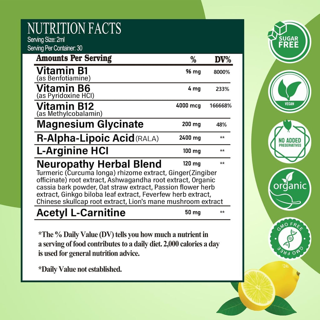 Neuropathy Supplements Liquid Drops, Advance 17-In-1 Stabilized R-Alpha Lipoic Acid (R-ALA) W. Acetyl L-Carnitine Vitamin B-Complex Magnesium, High Potency R-Lipoic Acid for Nerve Antioxidant Energy