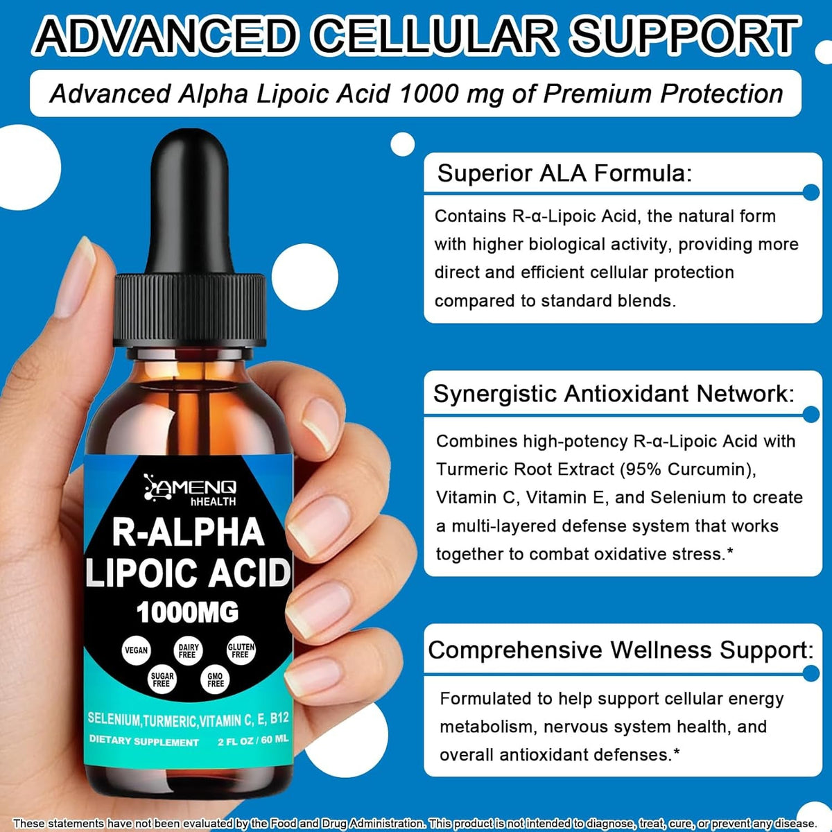 Alpha Lipoic Acid Liquid Drops 1000Mg with Stabilized R-ALA, Antioxidant Supplement for Metabolism, Nerve & Brain Health, Anti-Aging, Fast Acting Liquid Alpha-Lipoic Acid than Capsules Gummies丨 Vegan