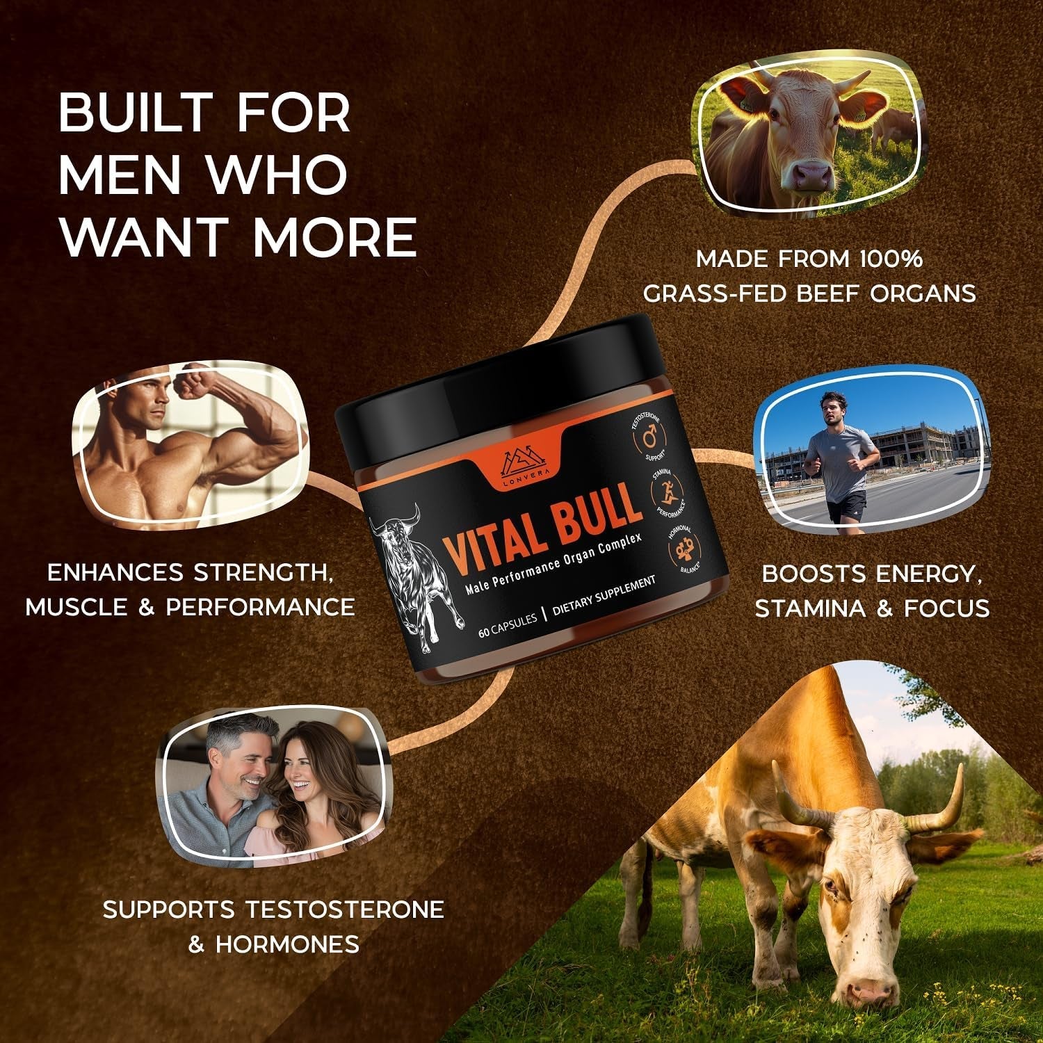 Vital Bull Beef Organ Supplement for Men with Grass Fed Liver, Testicle, Prostate & Bone Marrow – Freeze Dried Beef Organ Capsules for Nutrient Support – 30 Day Supply