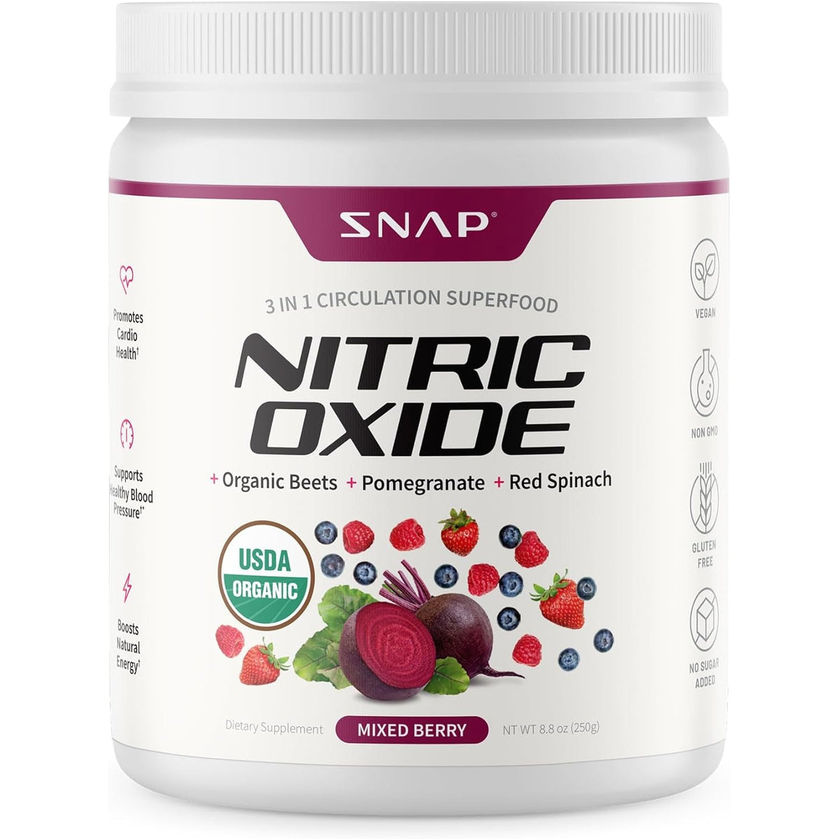 Snap Supplements Organic Beet Root Powder Nitric Oxide Supplement for Men & Women, Red Spinach & Pomegranate, Supports Healthy Energy & Blood Pressure Already in Normal Range, 30 Servings, Mixed Berry