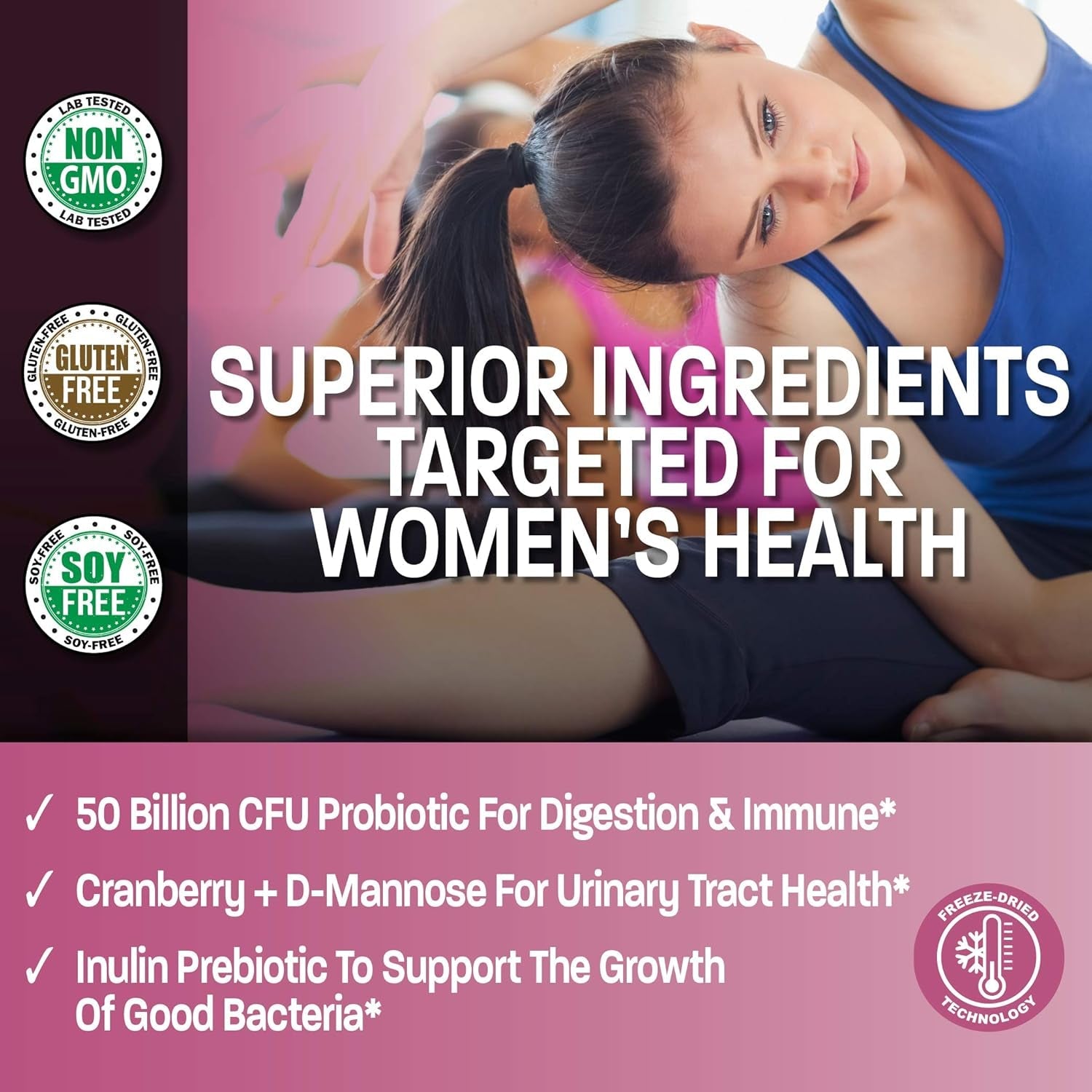 Bronson Women'S Probiotic 50 Billion CFU + Prebiotic with Cranberry & D-Mannose – Vaginal Health, Healthy Digestion, Immune Function and Urinary Tract Support, Non-Gmo, 60 Vegetarian Capsules