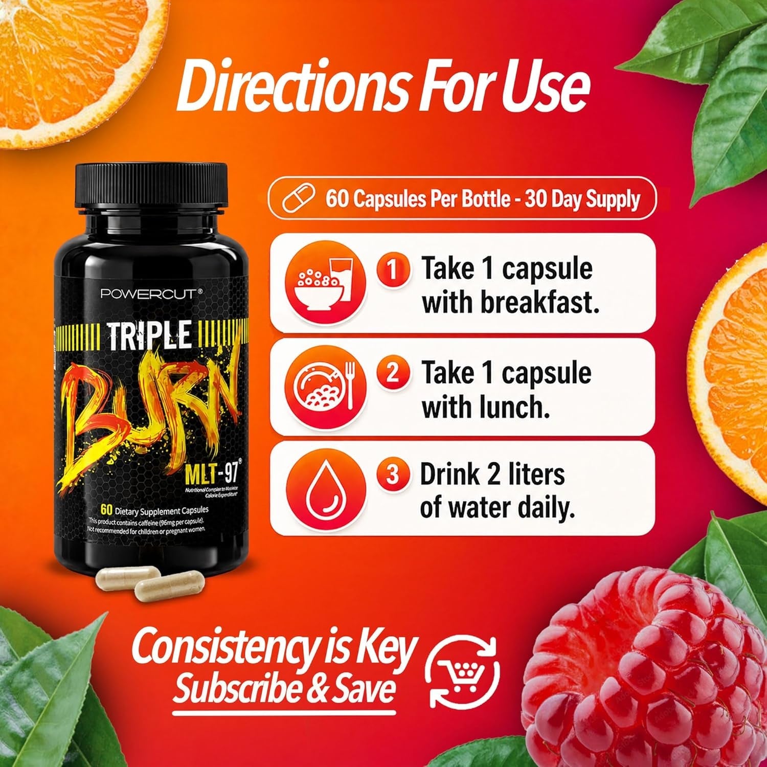 Triple Burn Weight Loss Pills for Women & Men, Fat Burner GLP-1 Support, Appetite Suppressant, Diet Pills with Green Coffee Extract & Cayenne (60 Capsules)