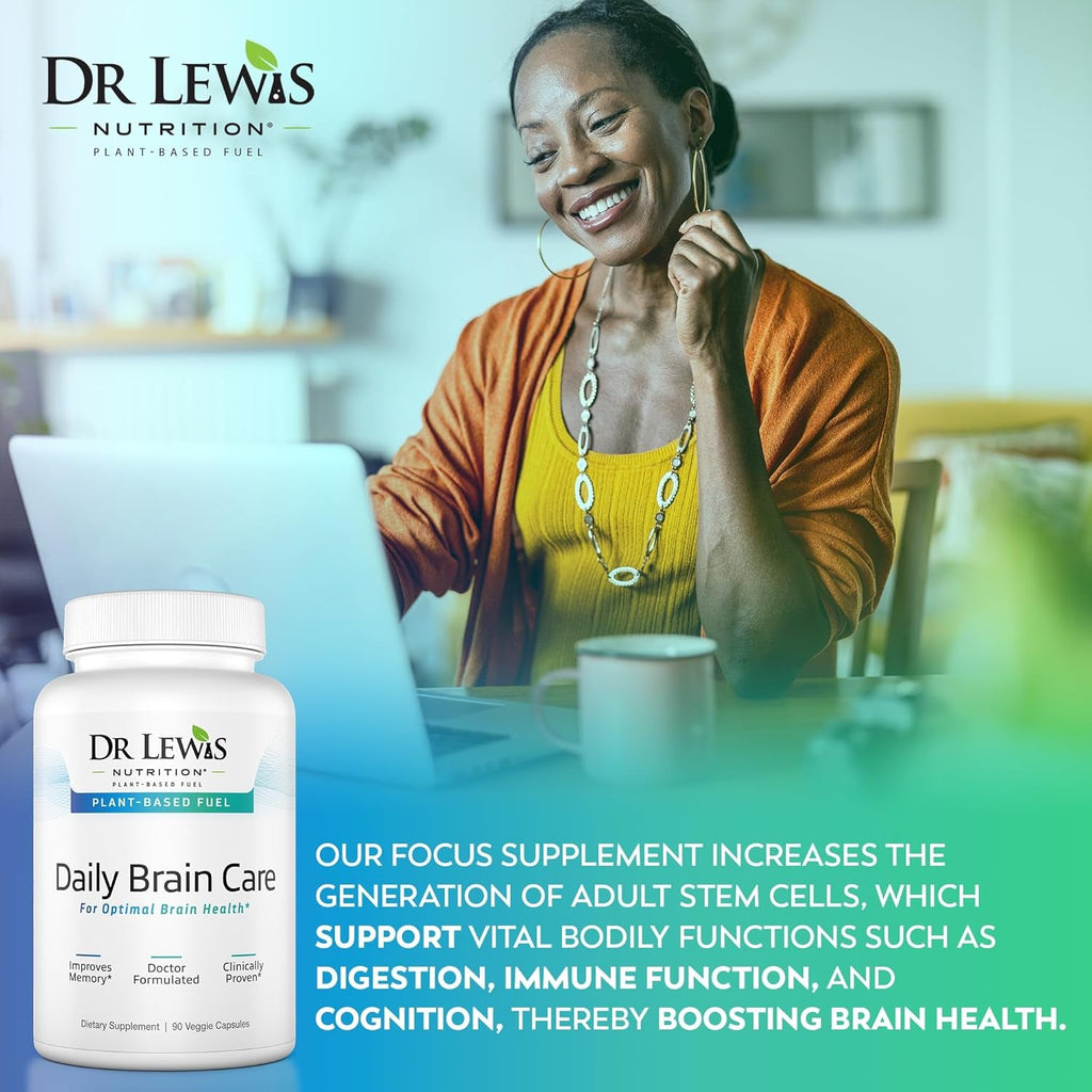 Dr Lewis Daily Brain Care Capsules - Brain Supplements for Memory and Focus with Aloe Vera - Plant-Based Nootropic and Energy Supplement for Brain Fog, Mental Clarity, and Immune Support - 90 Capsules