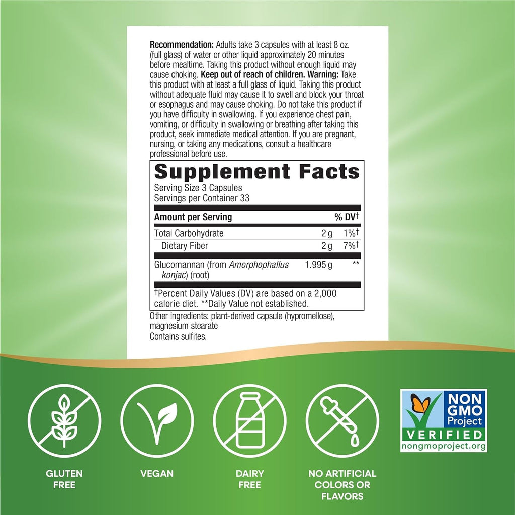 Nature'S Way Herbal Glucomannan from Konjac Root Capsules, Promotes Feelings of Fullness*, 1,995 Mg per 3-Capsule Serving, Non-Gmo Project Verified, Vegan, 100 Capsules (Packaging May Vary)
