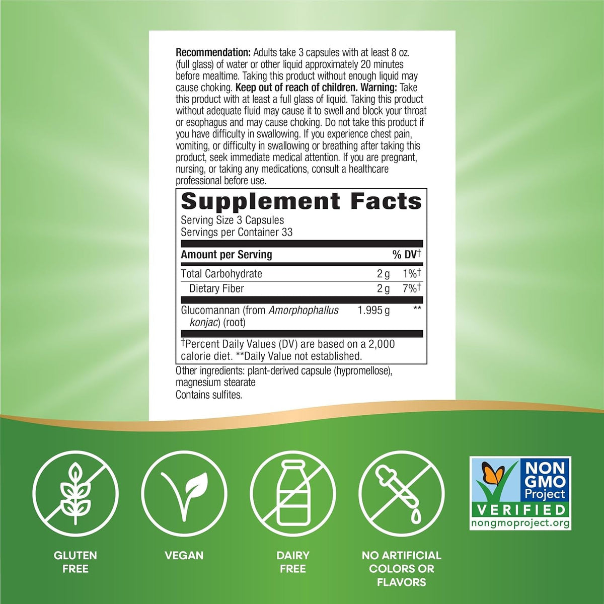 Nature'S Way Herbal Glucomannan from Konjac Root Capsules, Promotes Feelings of Fullness*, 1,995 Mg per 3-Capsule Serving, Non-Gmo Project Verified, Vegan, 100 Capsules (Packaging May Vary)