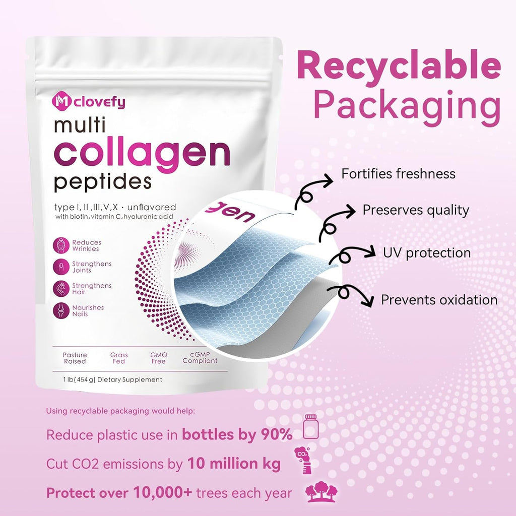 Multi Collagen Peptides Powder, 16 Oz (41 Servings) - Protein Supplement, Type I, II, III, V, X with Hyaluronic Acid, Vitamin C and Biotin, Unflavored, Easily Mixes in Drinks