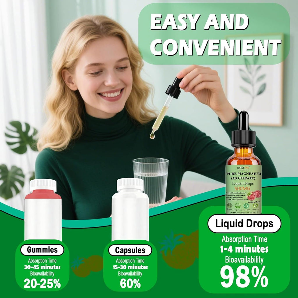Pure Magnesium Citrate 500Mg Liquid Drops, High Absorption Chelated Calm Magnesium for Sleep Relaxation Muscle Bone Nerve & Brain Health, Gentle on Stomach, Non GMO, Vegan for Women Men & Kids