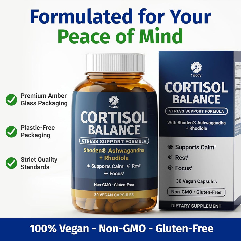 1 Body Cortisol Support for Women & Men – Ashwagandha, Phosphatidylserine & Saffron – Stress Relief, Calm Mood, Balanced Energy & Sleep Support – Vegan