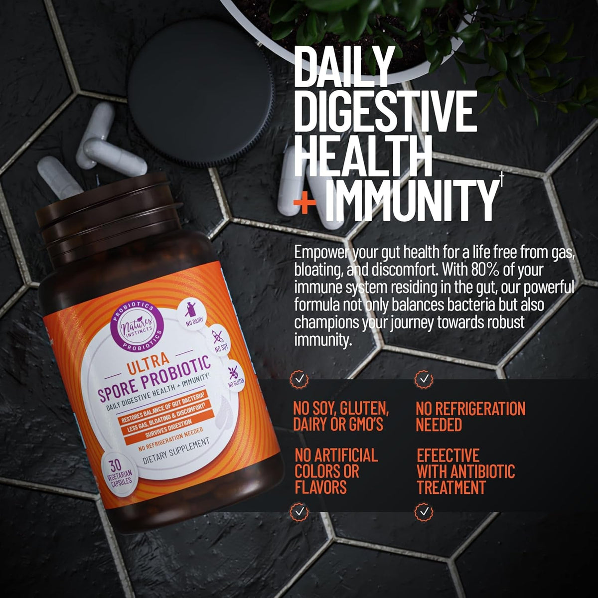 Ultra Spore Probiotic with Live Strains | Daily Soil Based Probiotic for Digestive Support & Gut Health | Soy-Free, Dairy-Free, Gluten-Free, Non-Refrigerated Probiotics, 30 Capsules