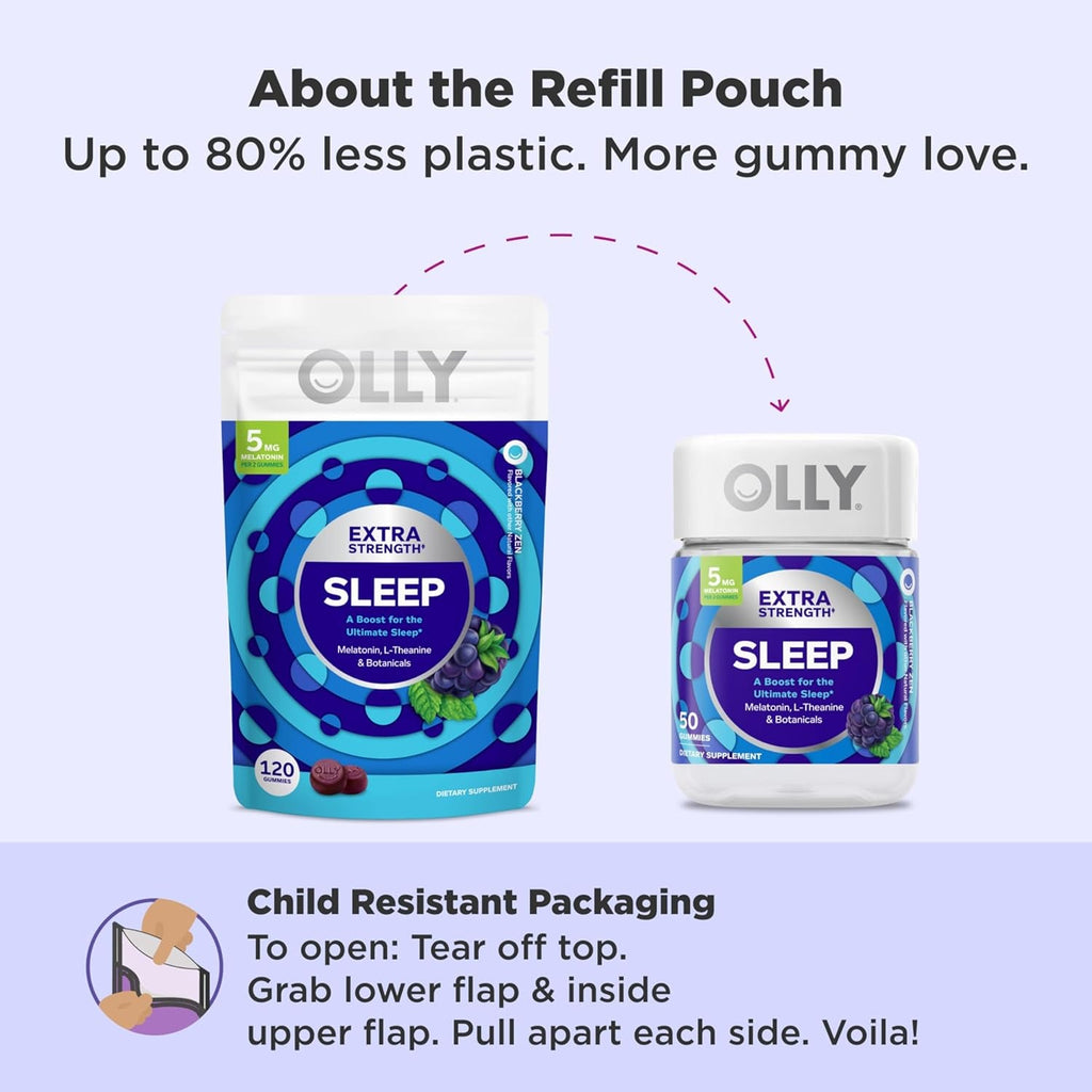 OLLY Extra Strength Sleep Gummy, Occasional Sleep Support Supplement*, 5 Mg Melatonin, L-Theanine, Blackberry Zen Flavor, 60 Day Supply - 120 Count (Packaging May Vary)