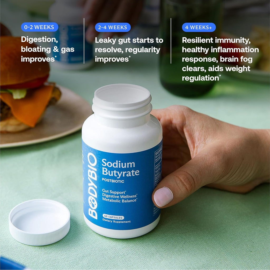 Bodybio Butyrate - Postbiotic for Gut Health, Digestive Support, Bloat, Gas & Constipation Relief, Leaky Gut Repair - Sodium + Butyric Acid Supplement for GI Wellness