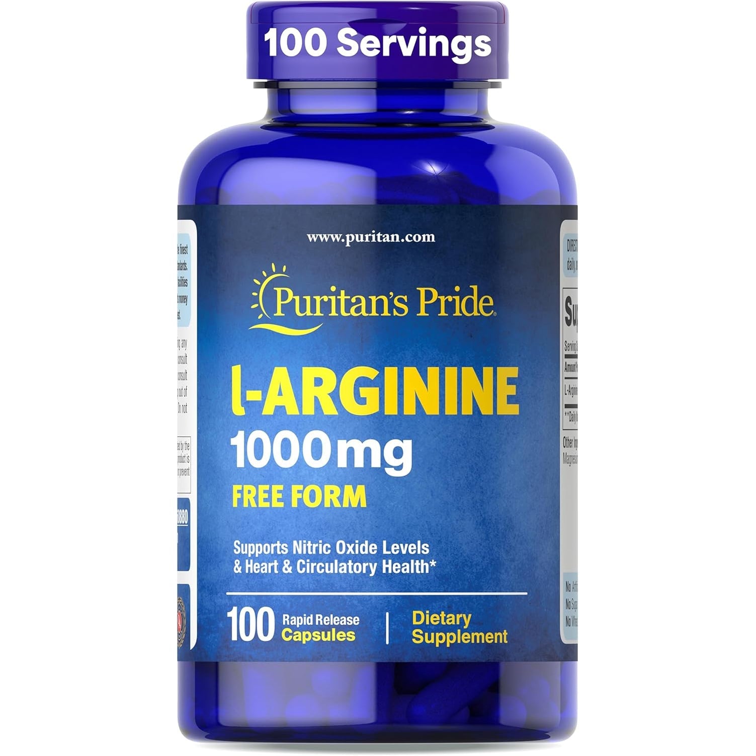 Puritan'S Pride L-Arinine 1000Mg, Dietary Supplement Supports Nitric Oxide Levels and Heart and Circulatory Heath, 100 Day Supply, 100 Tablets