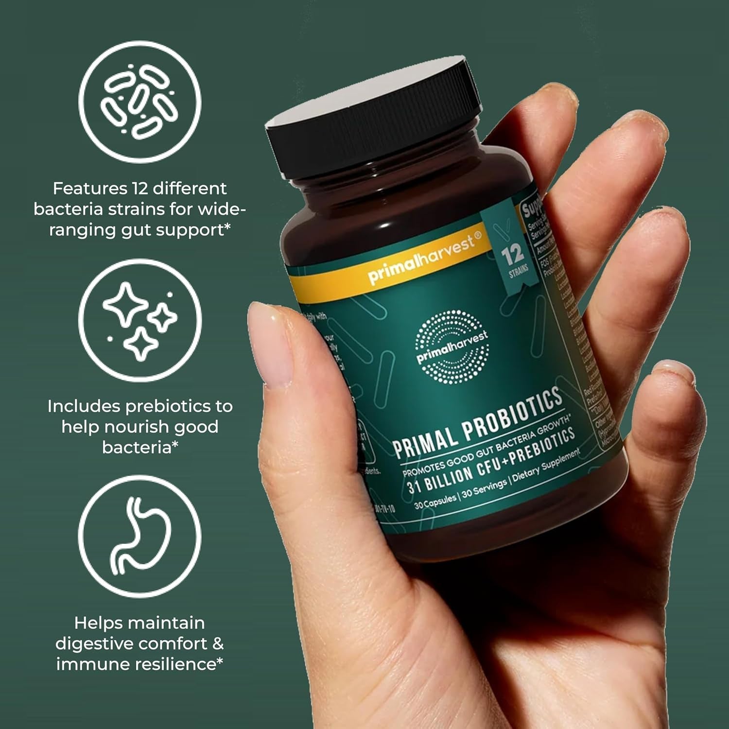 Primal Harvest Probiotics for Women & Men Daily Probiotic Supplement with 12 Strains for Gut & Digestive Health 30 Capsules
