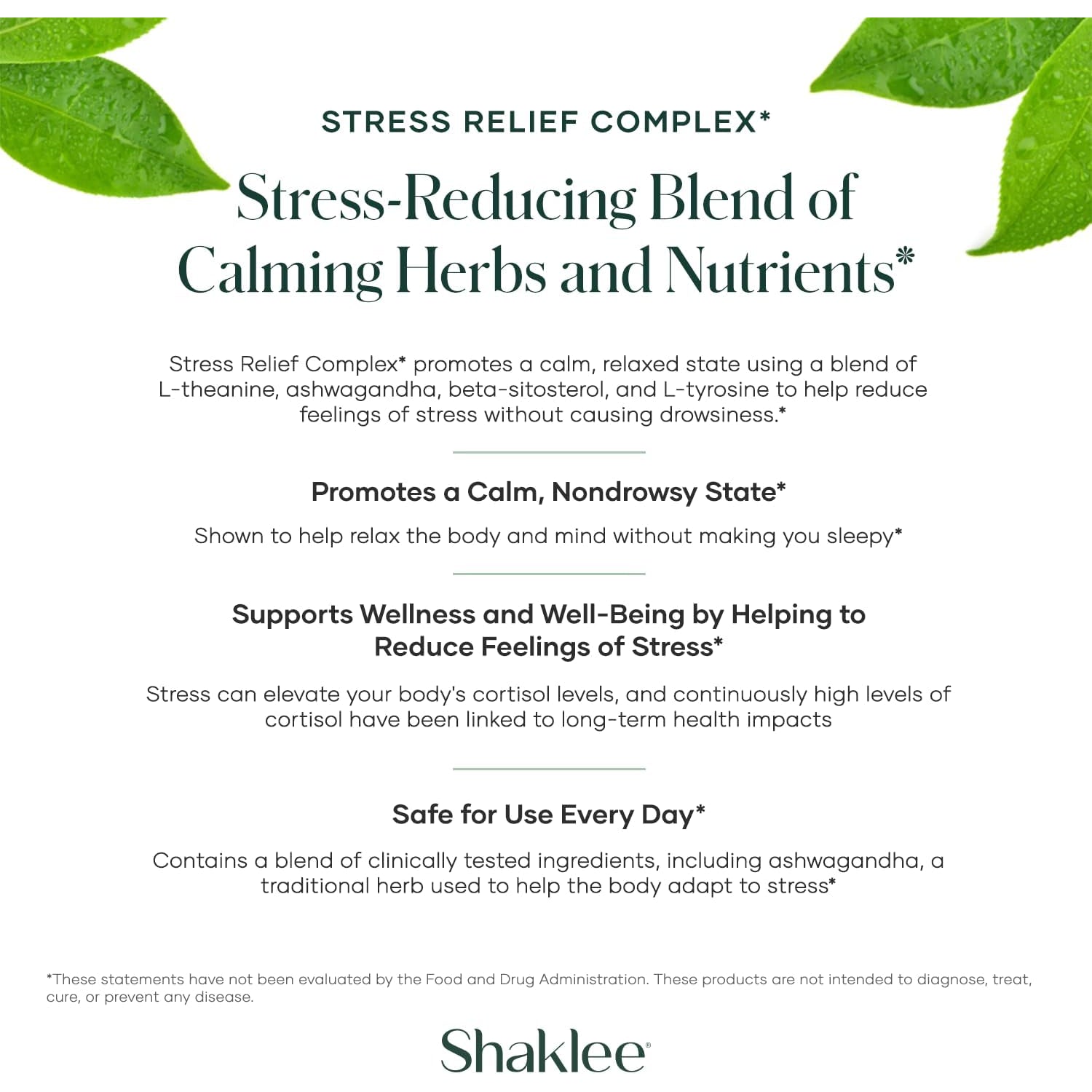 Shaklee - Stress Relief Complex - Calming Blend of L-Theanine, Ashwagandha, Beta-Sitosterol, and L-Tyrosine - Promotes Relaxation without Drowsiness - 1 Caplet Daily - Adults Supplement - 30 Caplets