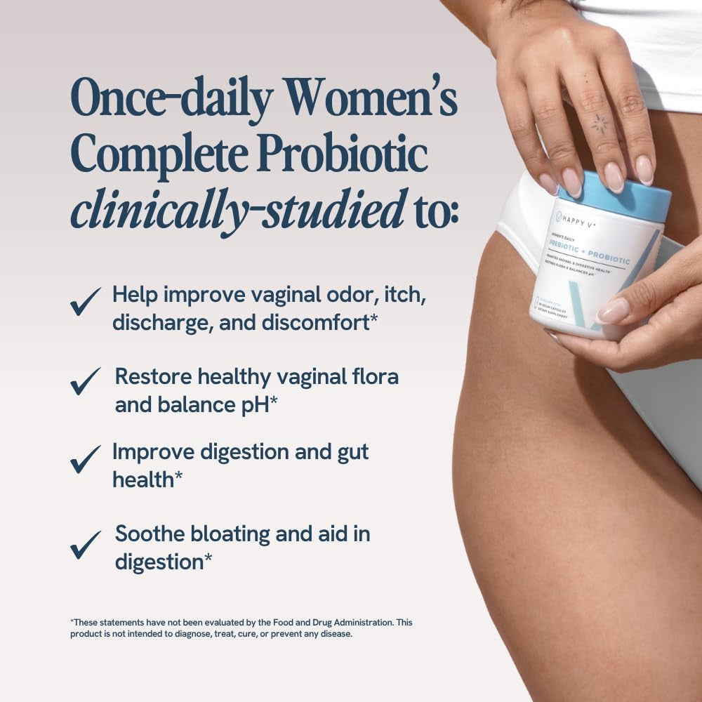 Happy V Dr. Formulated Vaginal Probiotics for Women Odor & Itch Support, Urinary & Gut Health, Ph Balance | Womens Daily Probiotic with Patented Prebiotics & Lactobacillus for Feminine Wellness