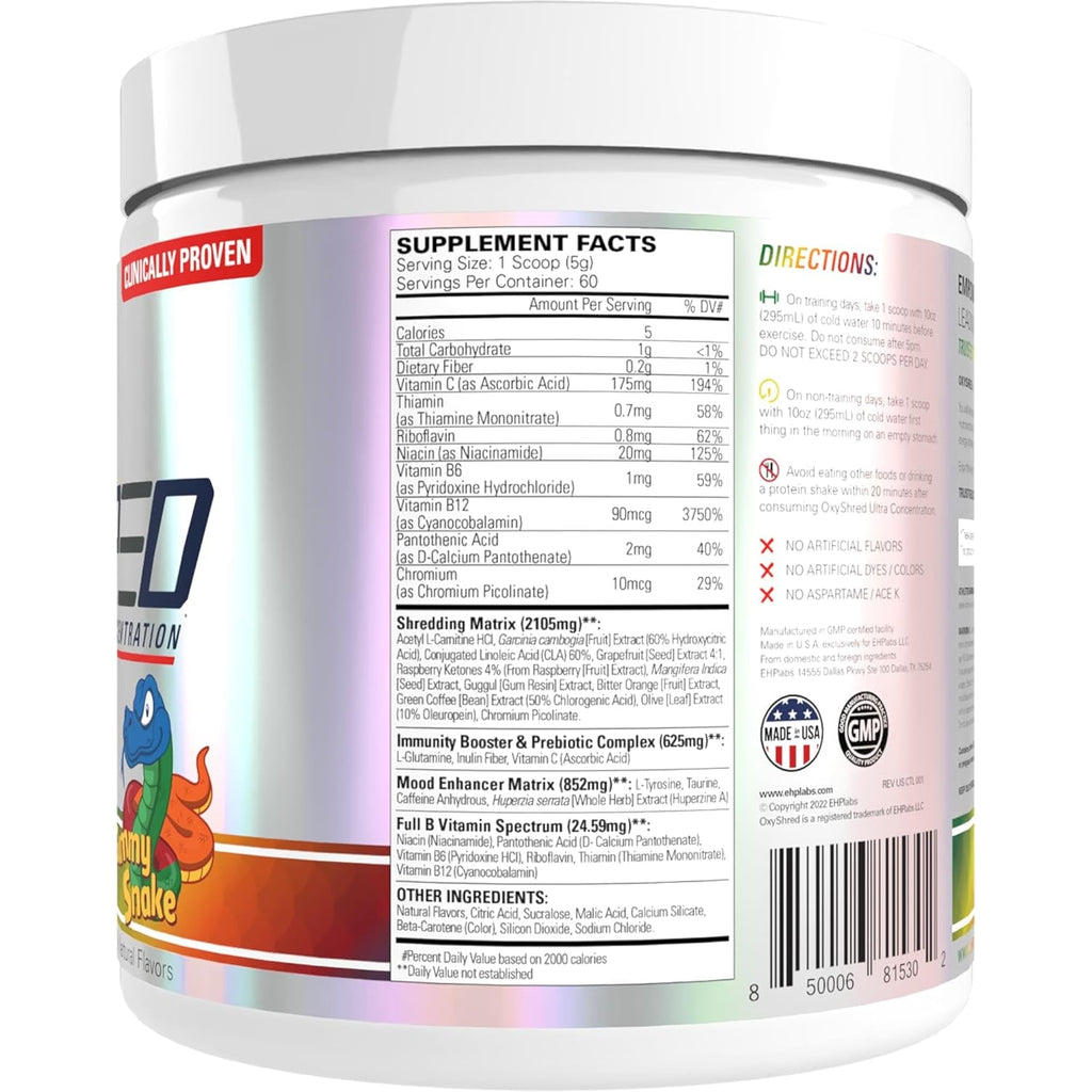 EHP LABS Oxyshred Pre Workout Powder - Preworkout Powder with L Glutamine & Acetyl L Carnitine, Energy Boost Drink - Gummy Snake, 60 Servings