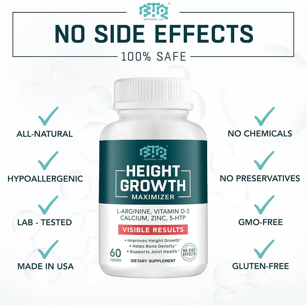 BIOTEQUELAB Height Growth Maximizer, Calcium, Vitamin D3 and Zinc Blend Pills, Bone Growth Supplement for Kids and Teens, Bone Strength, Density Support, Gmo-Free, Gluten-Free, Made in USA, 60 Caps