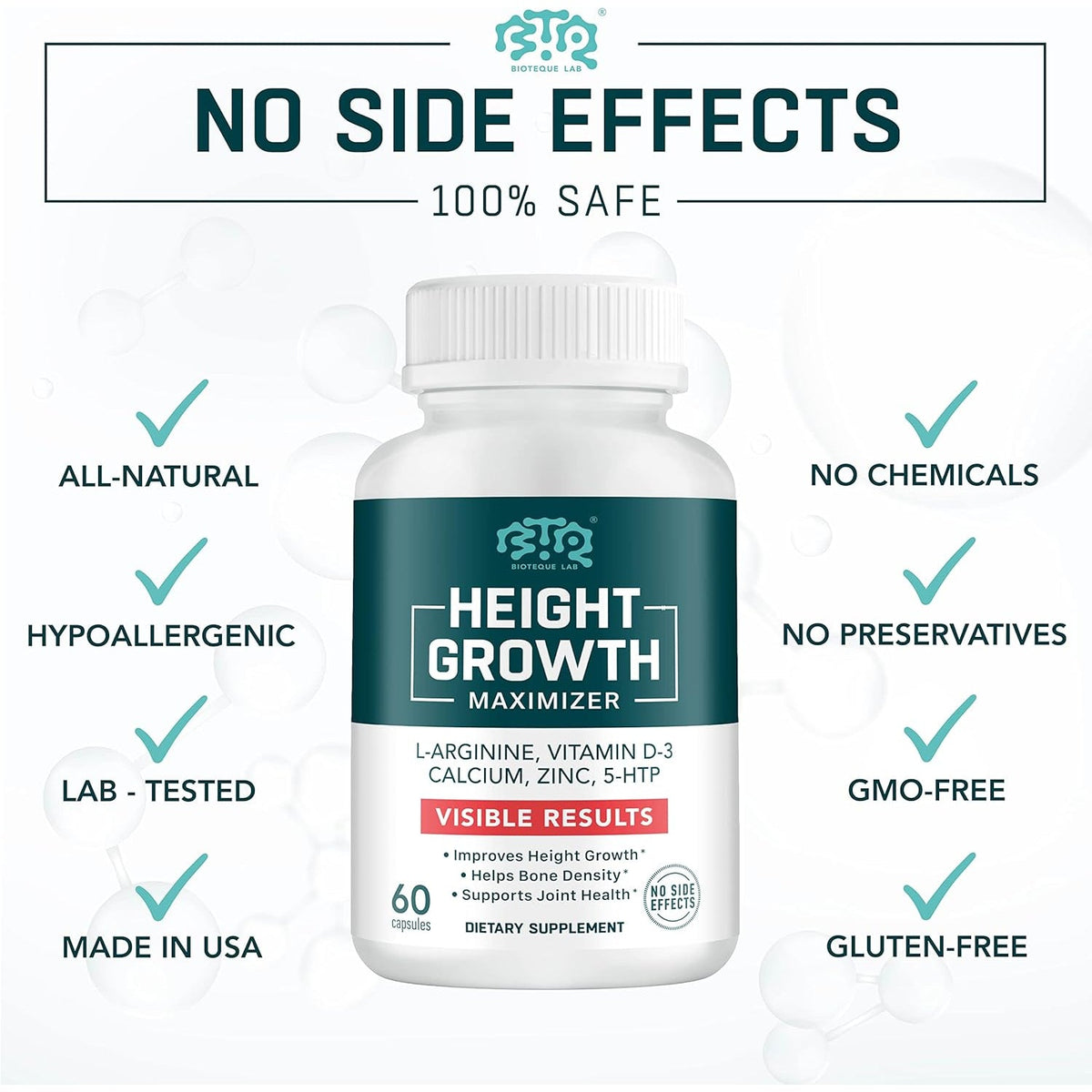 BIOTEQUELAB Height Growth Maximizer, Calcium, Vitamin D3 and Zinc Blend Pills, Bone Growth Supplement for Kids and Teens, Bone Strength, Density Support, Gmo-Free, Gluten-Free, Made in USA, 60 Caps
