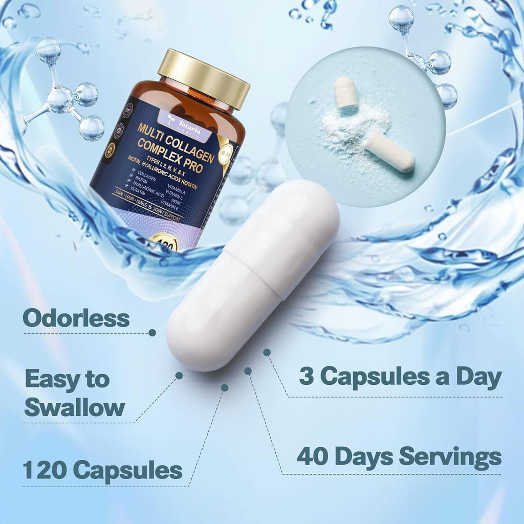 18-In-1 Collagen Pro with Hyaluronic Acid, Keratin, Biotin, VIT a C & E for Skin, Hair, Nails, Joint & Beauty - Multi Collagen Peptides Capsules with Type I II III V & X for Women & Men - 120 Caps