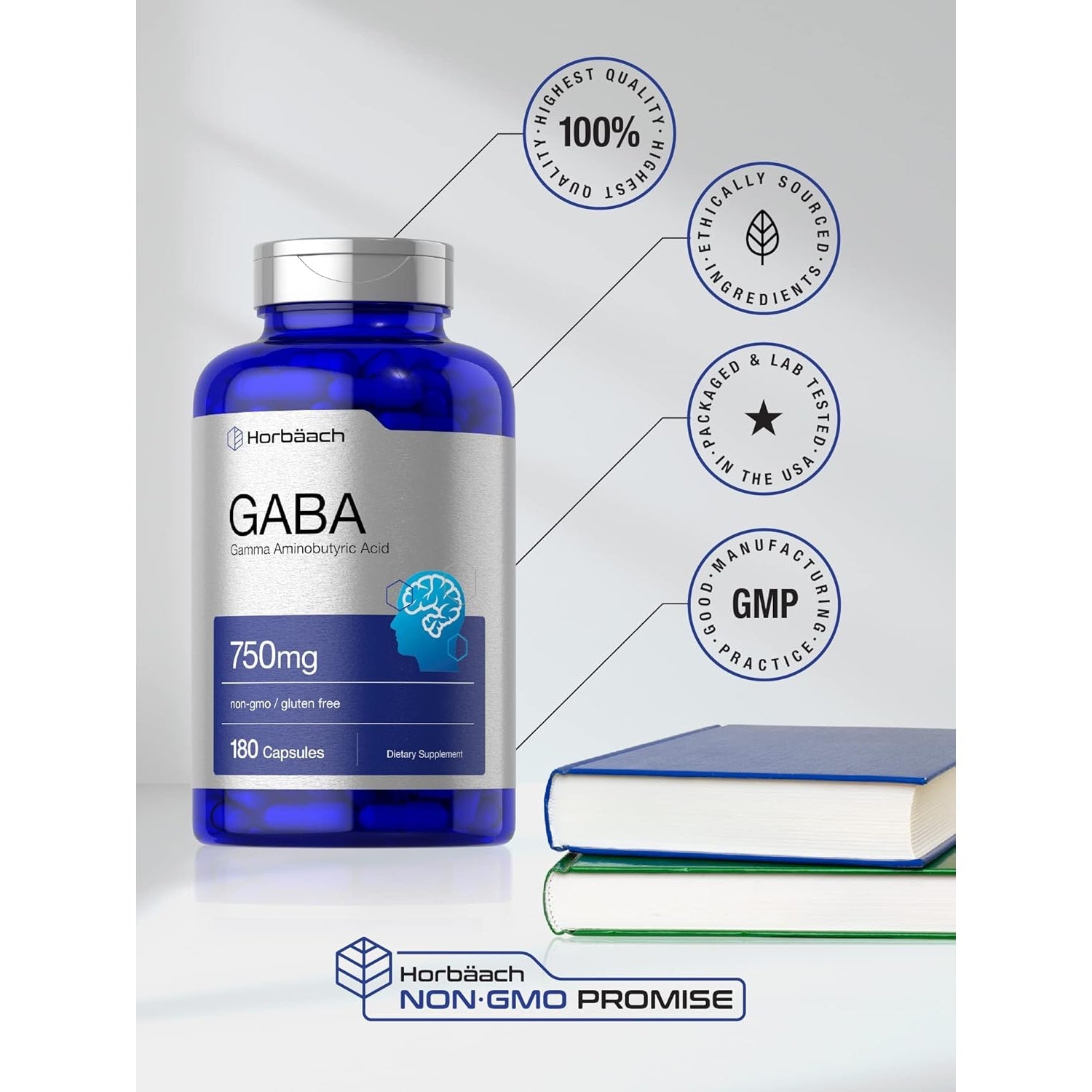 Horbäach GABA 750Mg | 180 Powder Capsules | Gamma Aminobutyric Acid Supplement | Non-Gmo, Gluten Free
