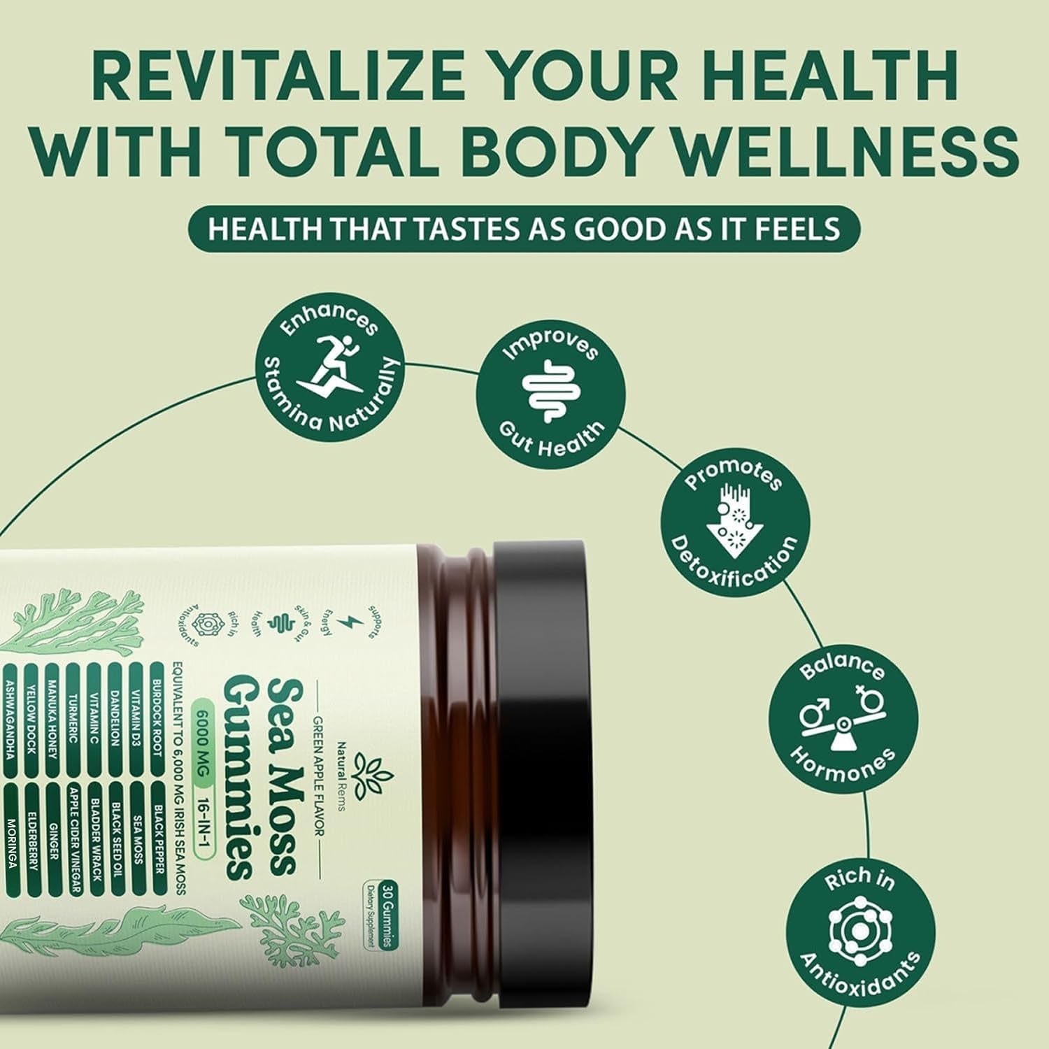 Natural Rems Sea Moss Gummies 16-In-1 - Ashwagandha Black Seed Oil Bladder Wrack Turmeric Vitamin C & D3 with Manuka Burdock Root Dandelion Yellow Dock Elderberry Apple Cider Vinegar (Green Apple)