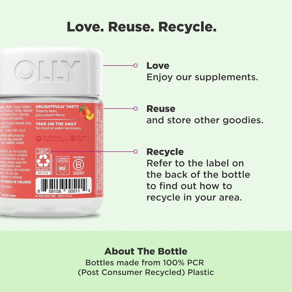Olly, Probiotic + Prebiotic Gummy, 500 Million Cfus, Fos, Adult Chewable Supplement for Men and Women, Peach Flavored, 30 Day Supply, 30 Count