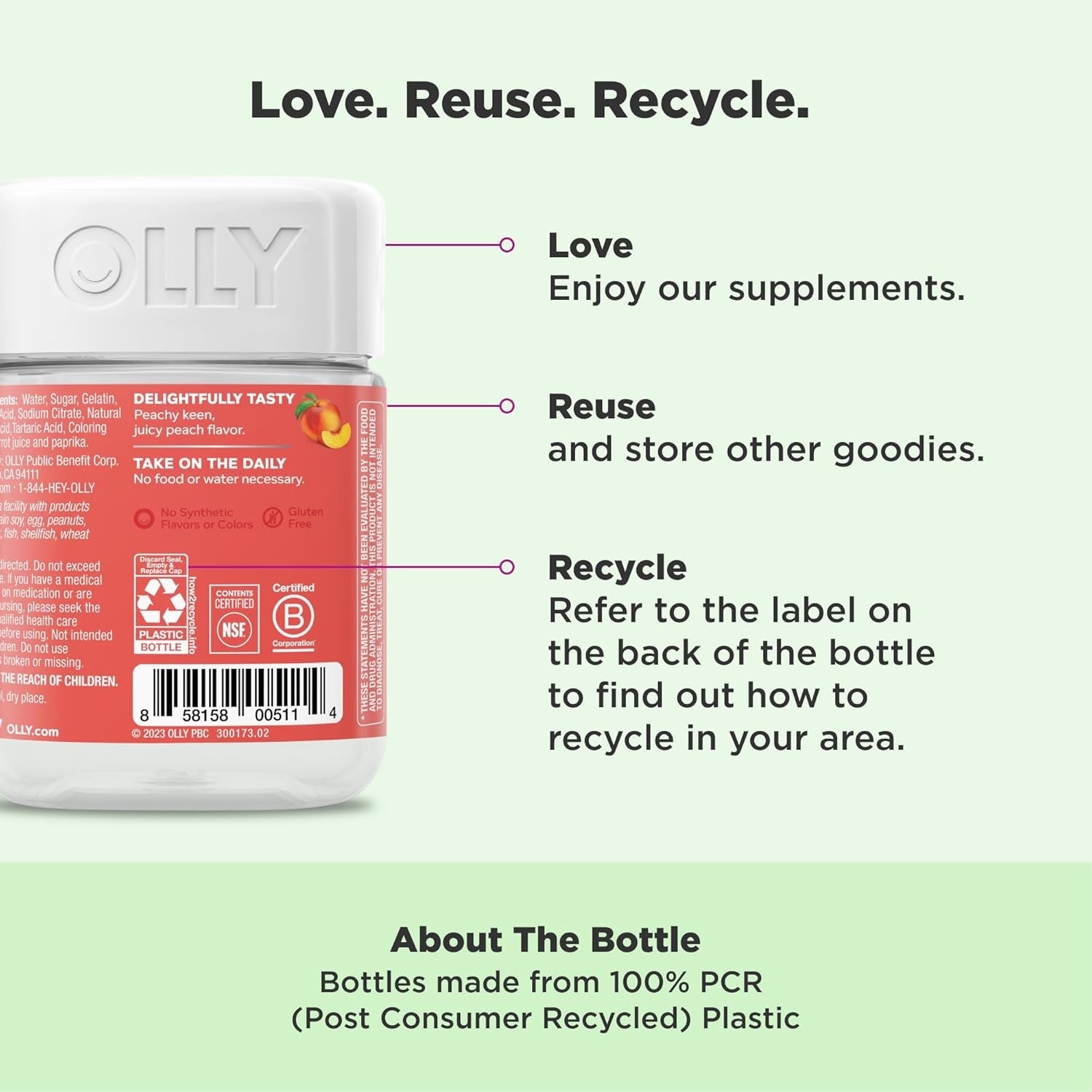 Olly, Probiotic + Prebiotic Gummy, 500 Million Cfus, Fos, Adult Chewable Supplement for Men and Women, Peach Flavored, 30 Day Supply, 30 Count