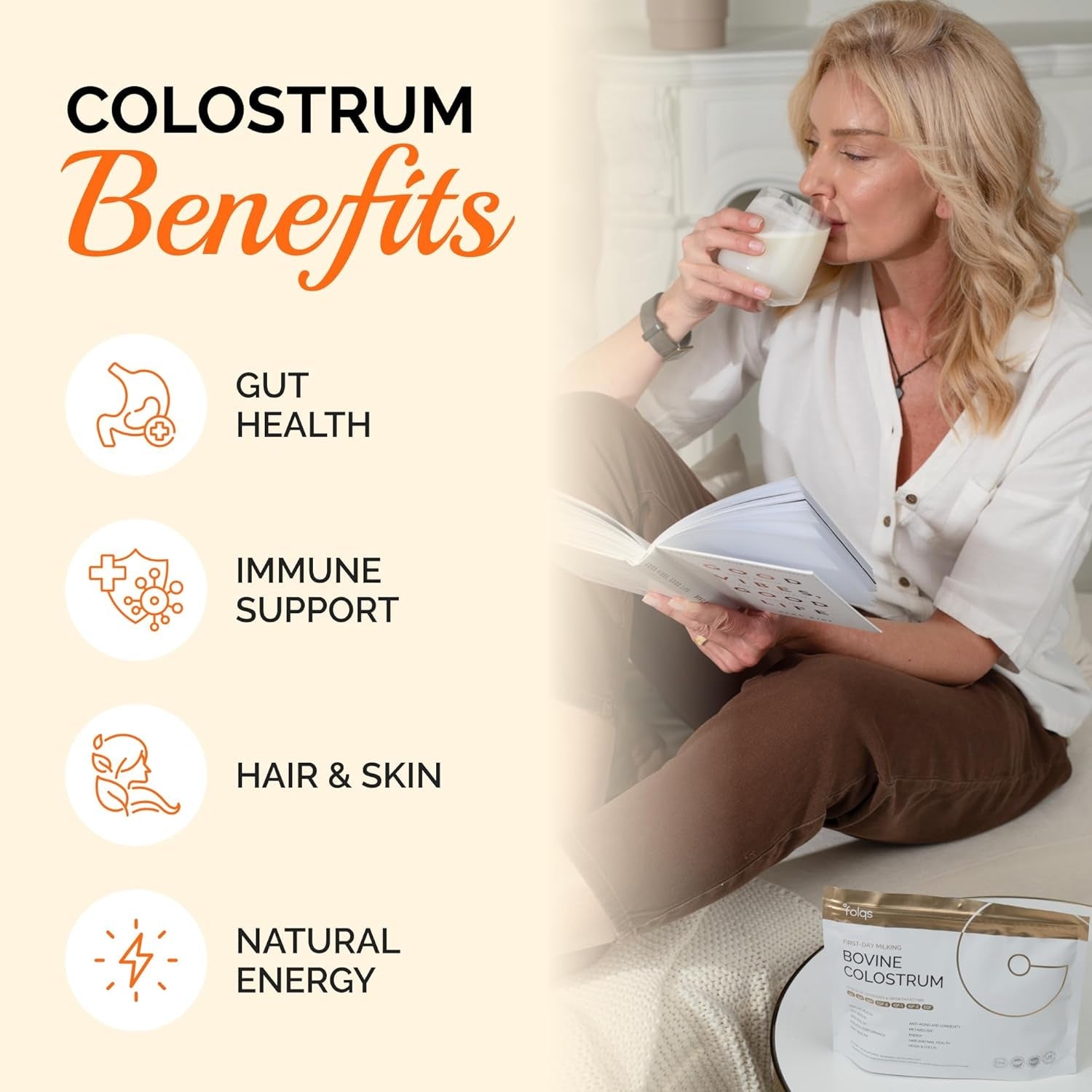 Bovine Colostrum Powder – First-Day Milking for Immune & Gut Support – 60 Servings – Supports Skin & Tissue Health – Made in USA - Amino Acids, Vitamins, Minerals – Kosher - Sustainably Sourced