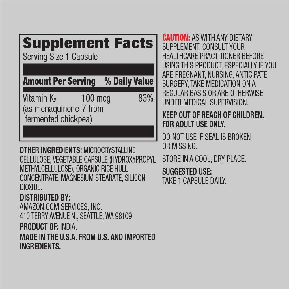 Amazon Elements Vitamin K₂, 100 Mcg, Vegan, Made from Chickpea, 65 Capsules