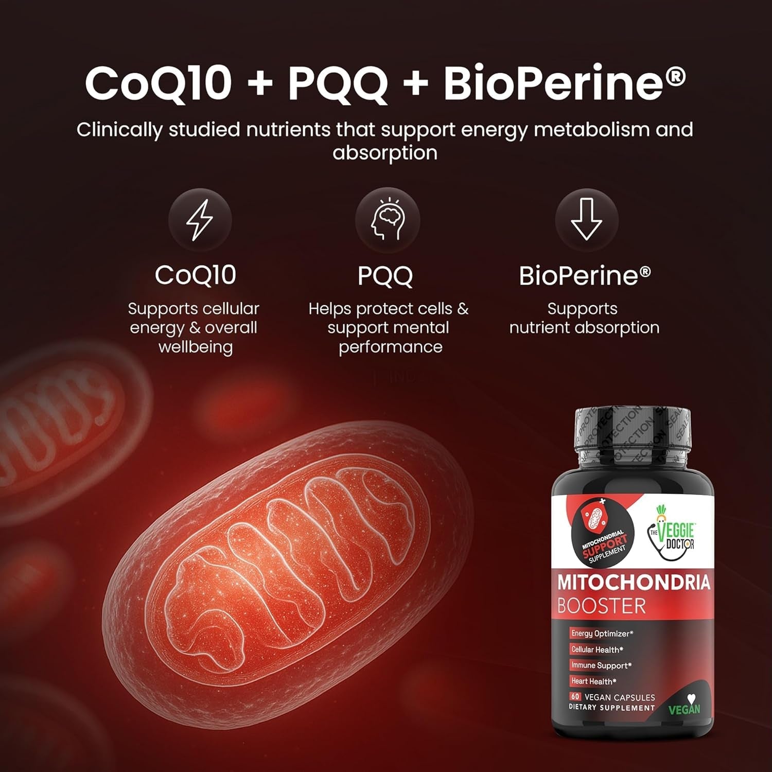 Vegan Mitochondrial Support – Advanced Cellular Wellness & Natural Energy Formula with Coq10, PQQ, Acetyl-L-Carnitine, Alpha-Lipoic Acid, Magnesium, Bioperine® - Daily Support (60 Capsules)